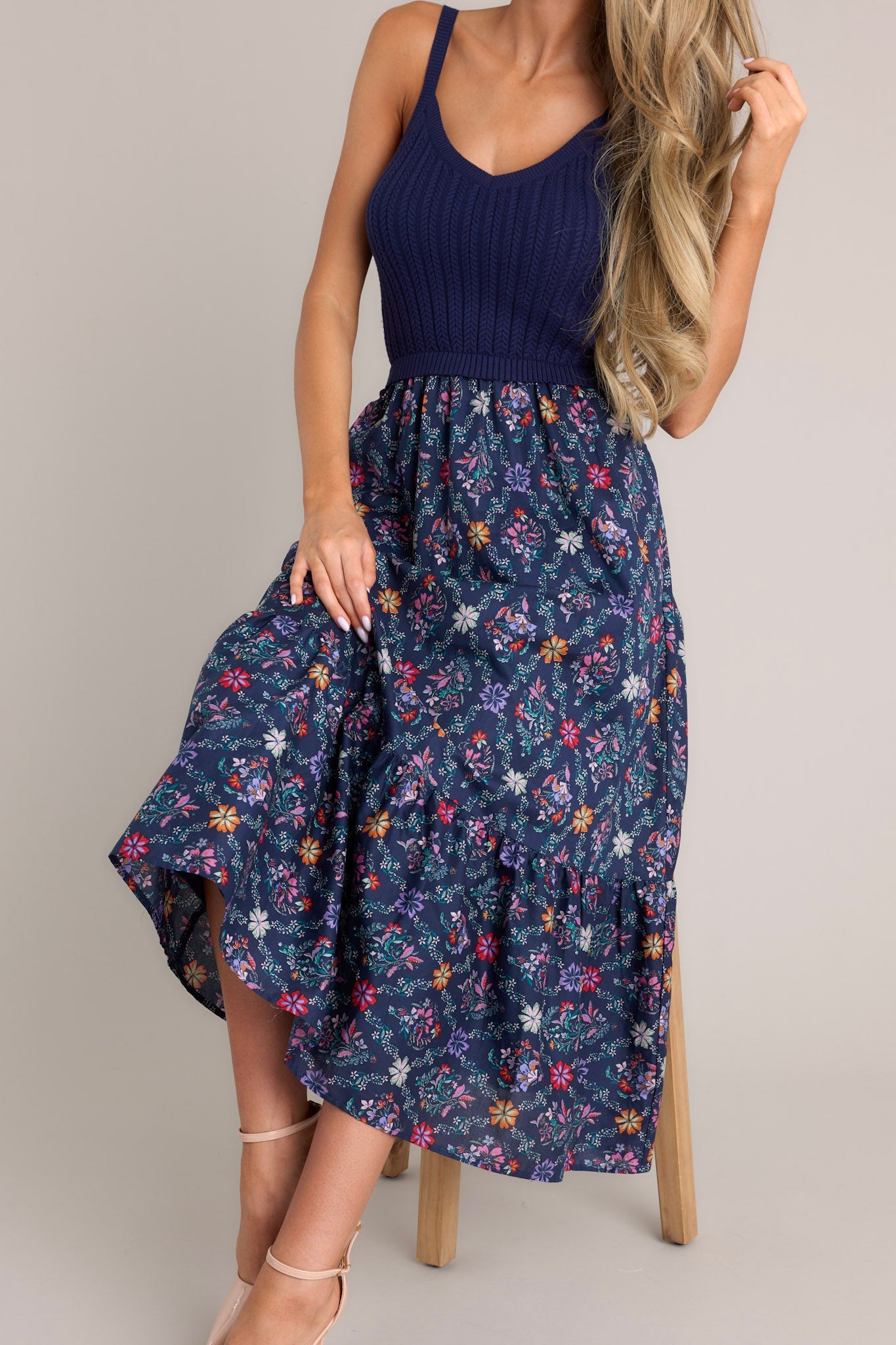 Meadow Mist Navy Floral Print Sweater Maxi Dress - Red Dress