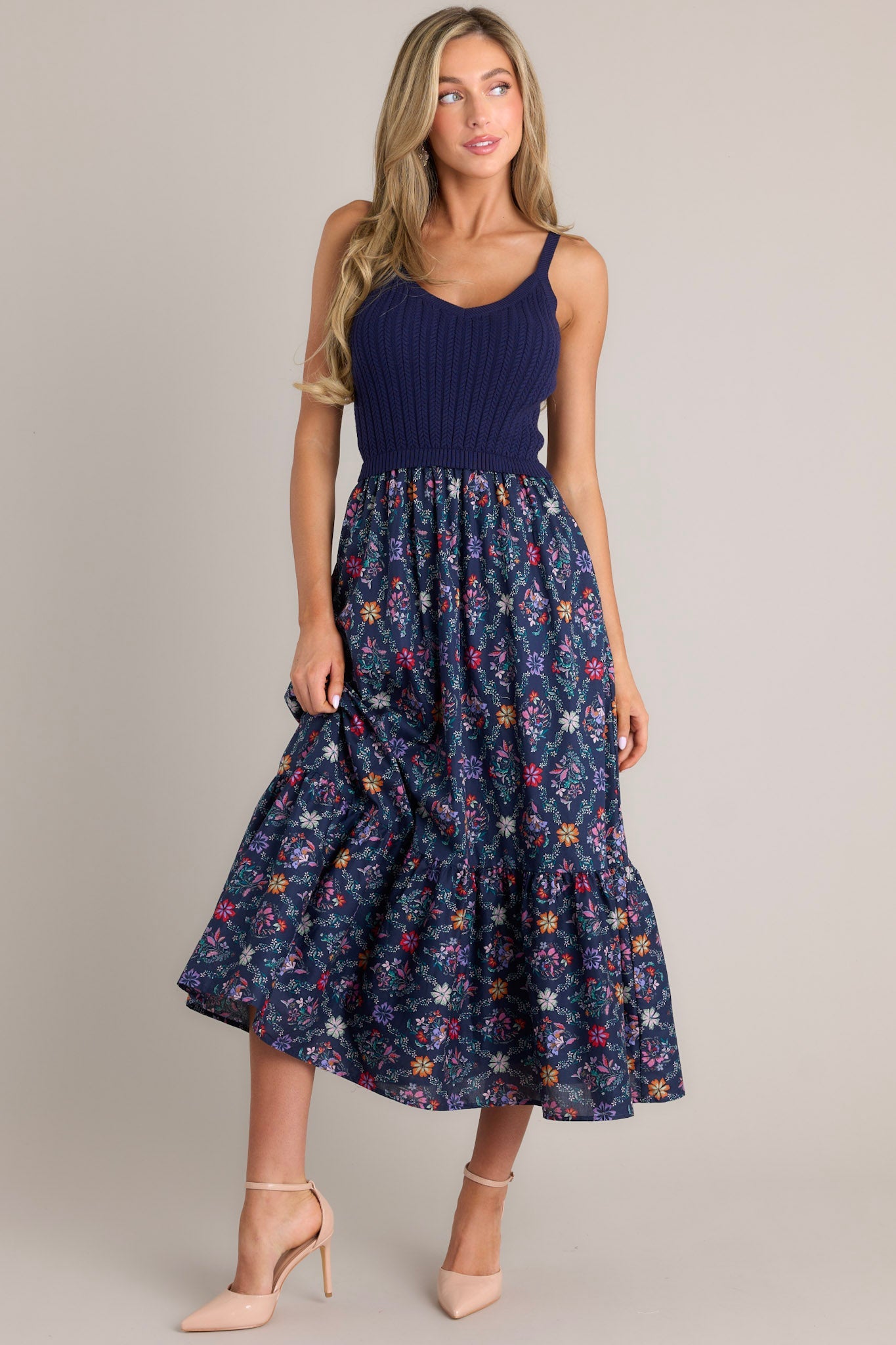 Meadow Mist Navy Floral Print Sweater Maxi Dress - Red Dress