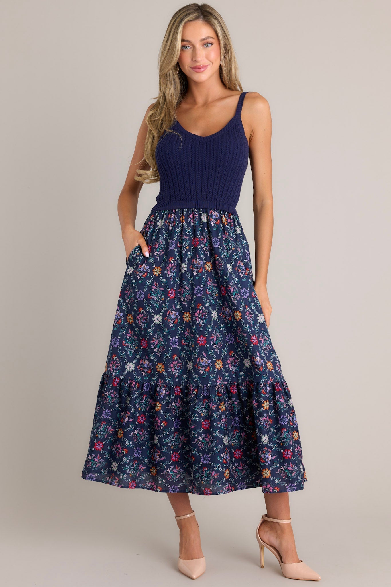 Meadow Mist Navy Floral Print Sweater Maxi Dress - Red Dress