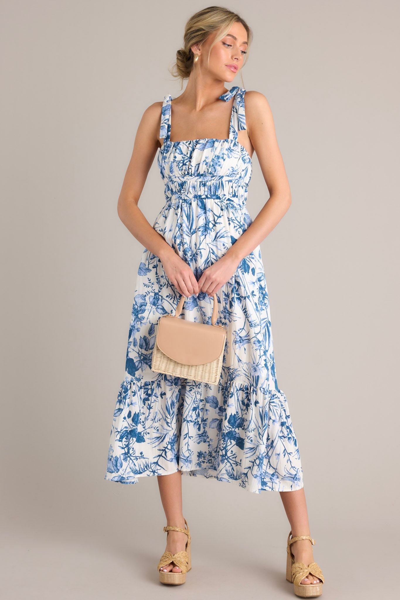 Meadow Muse White & Blue Floral Midi Dress - Red Dress