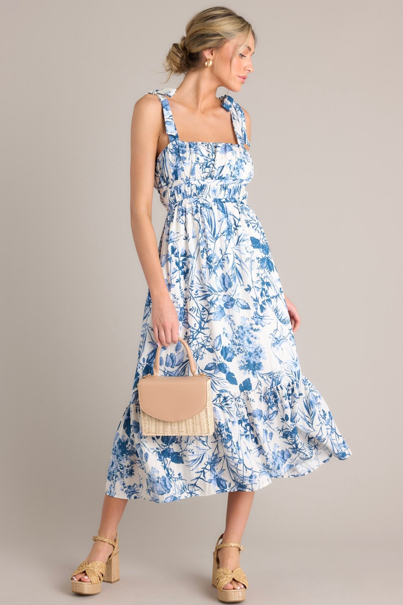 Meadow Muse White & Blue Floral Midi Dress - Red Dress