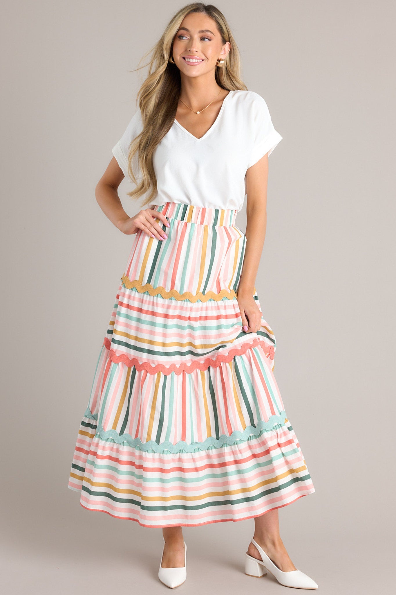 Meet For Tea Sage Multi Stripe Cotton Maxi Skirt - Red Dress