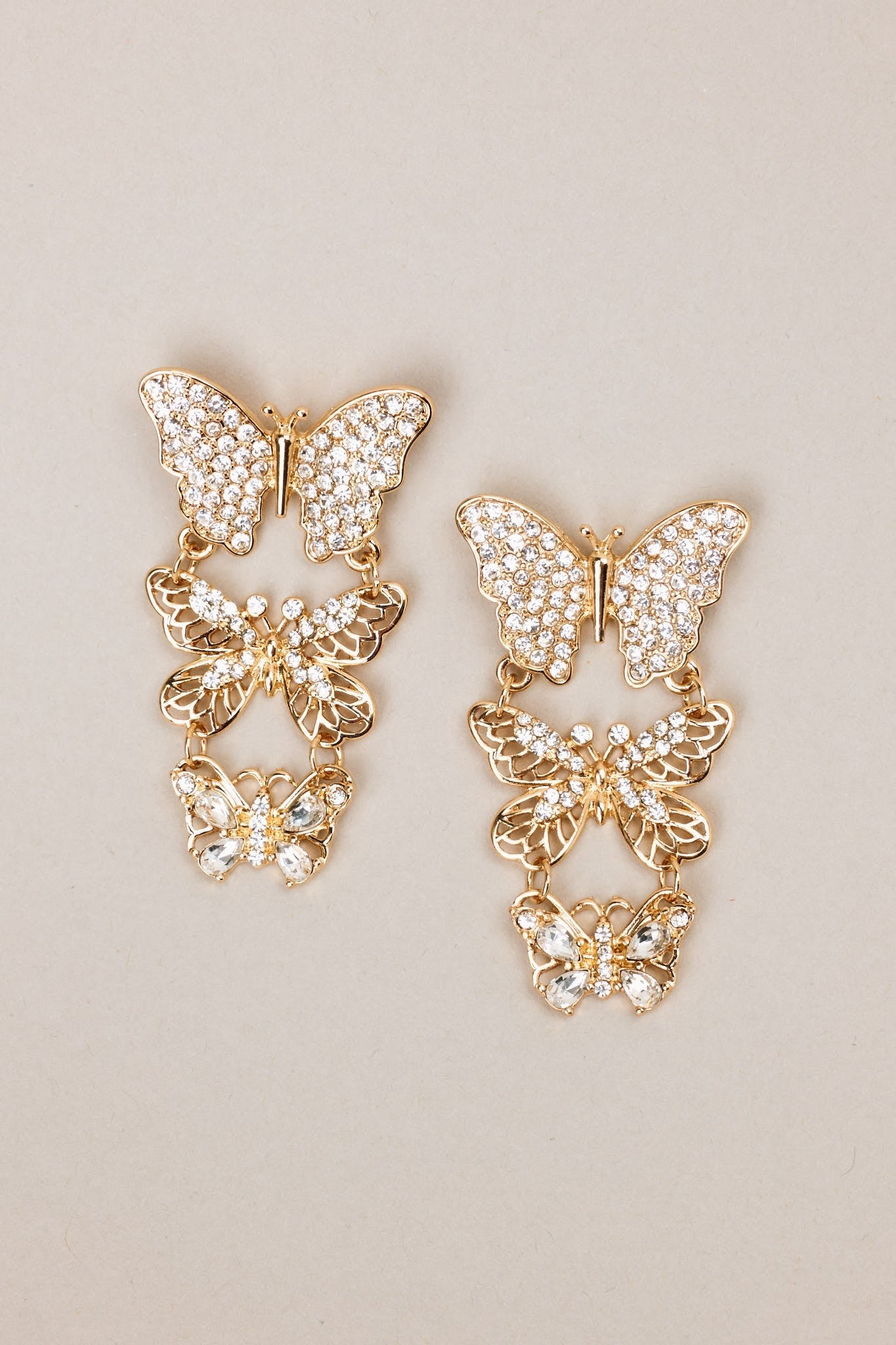 Monarch Majesty Gold Rhinestone Butterfly Drop Earrings - Red Dress