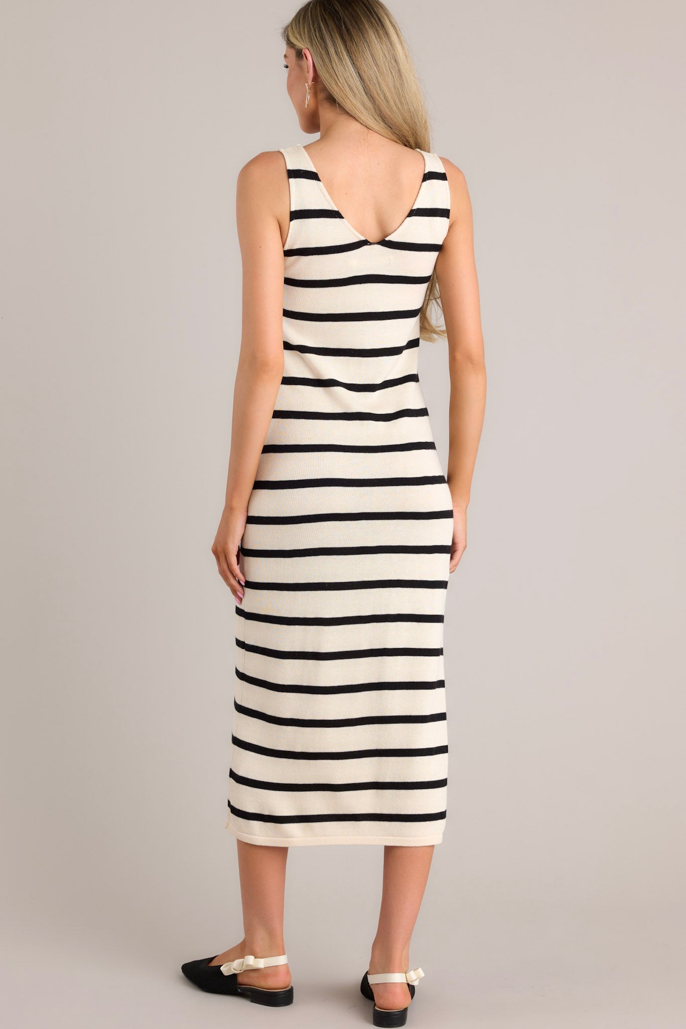 Monochrome Melody Black Stripe Midi Dress - Red Dress