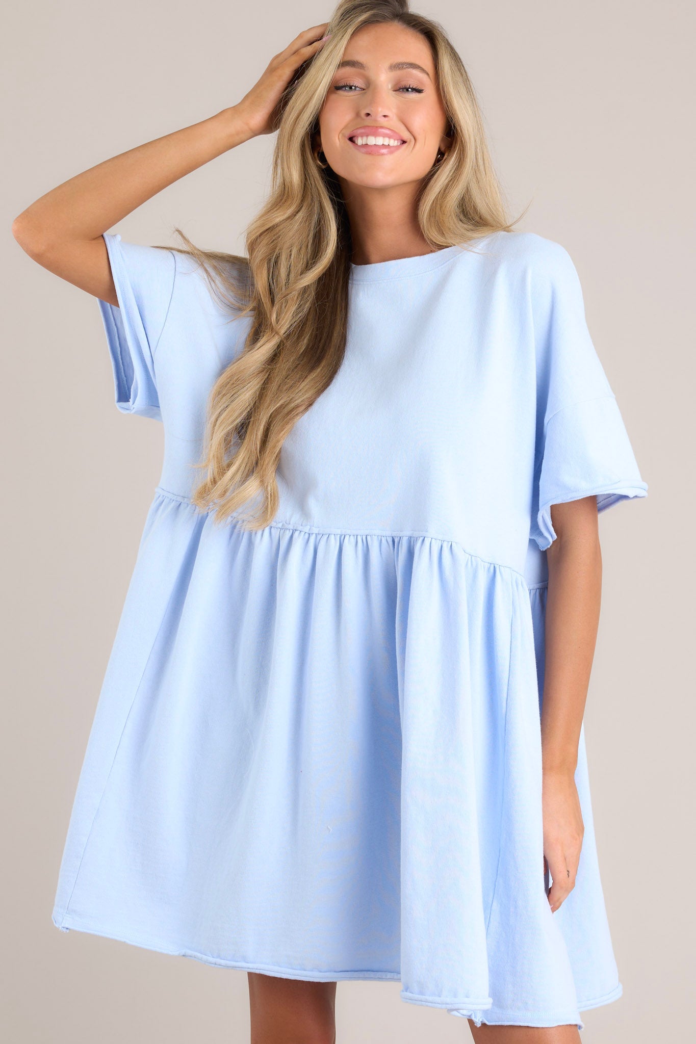 My Inner Peace Light Blue Mini T-Shirt Dress - Red Dress