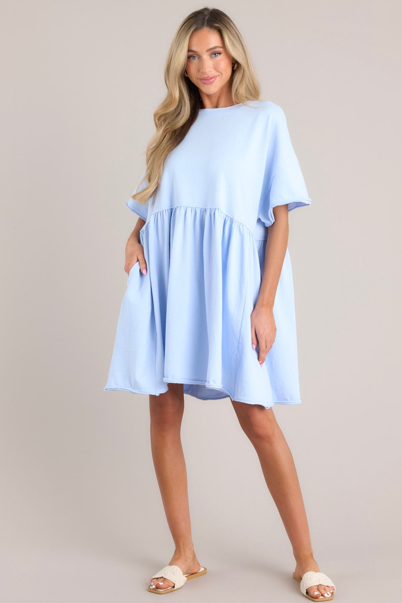 My Inner Peace Light Blue Mini T-Shirt Dress - Red Dress