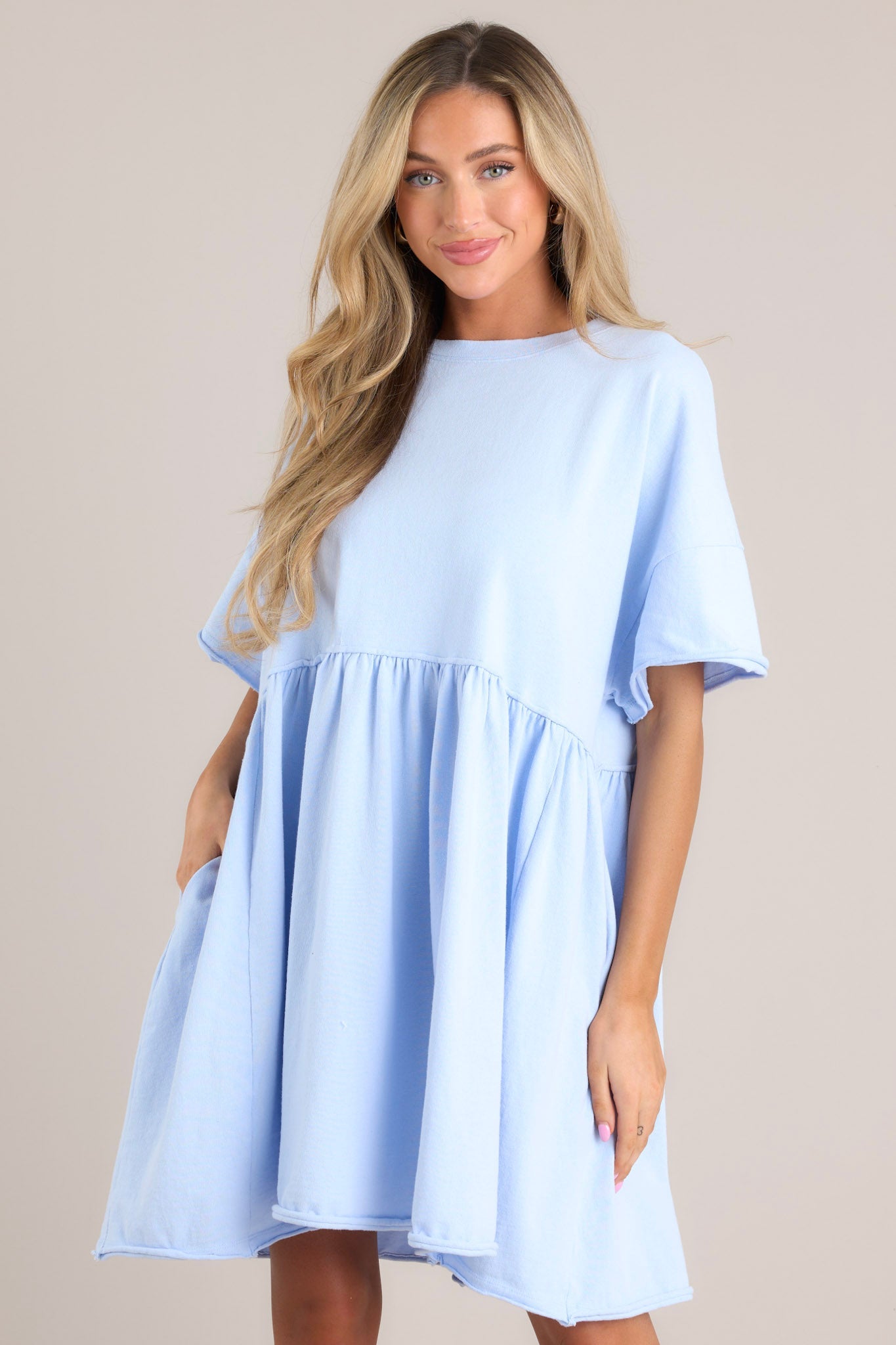 My Inner Peace Light Blue Mini T-Shirt Dress - Red Dress