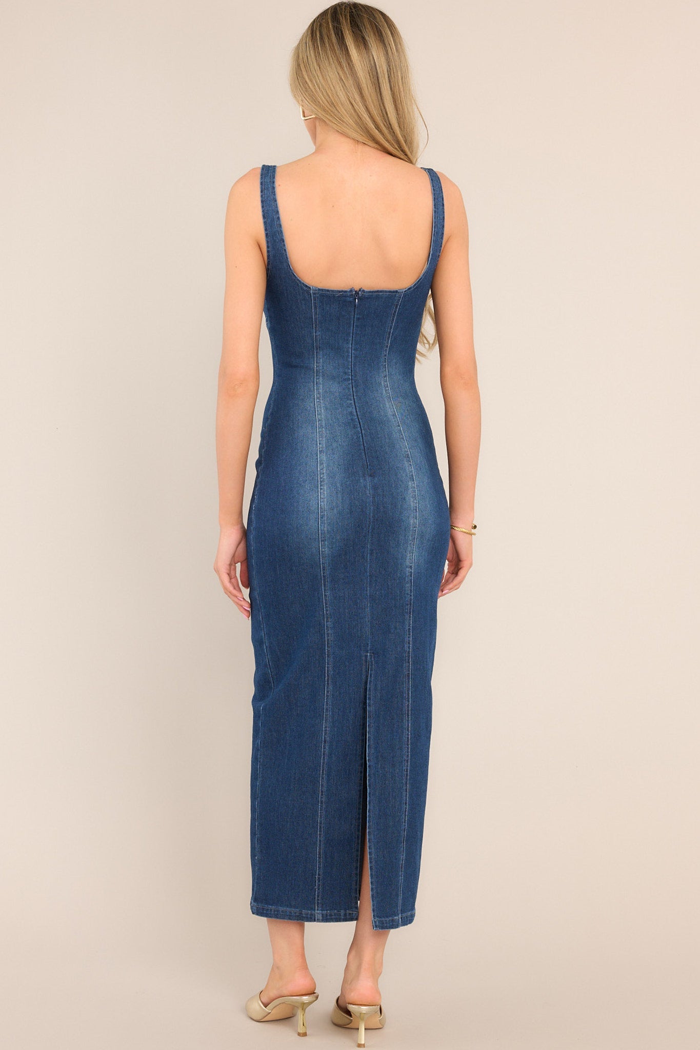 My Revenge Dark Wash Denim Maxi Dress - Red Dress