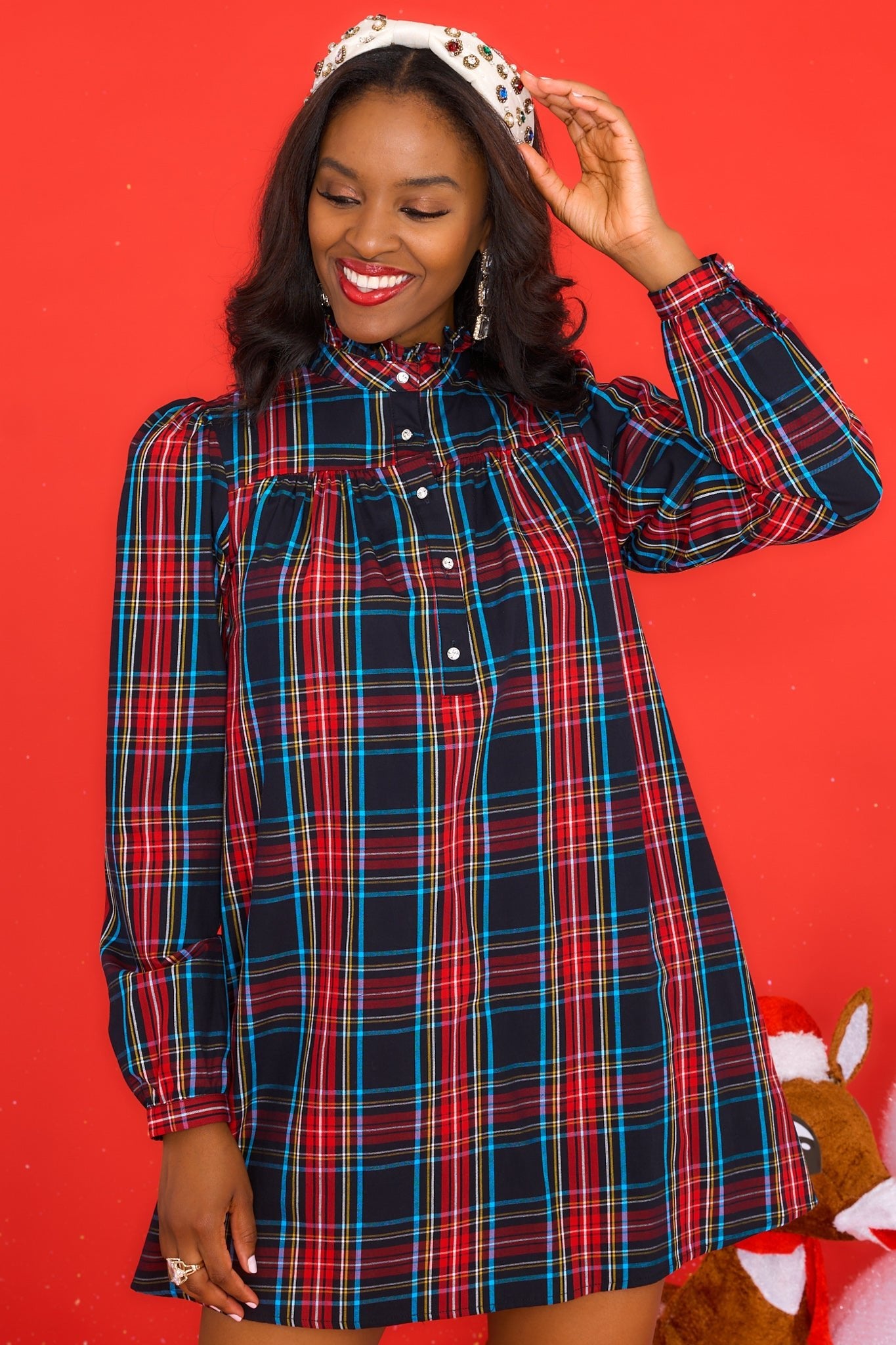 Night Divine Black Plaid Dress - Red Dress