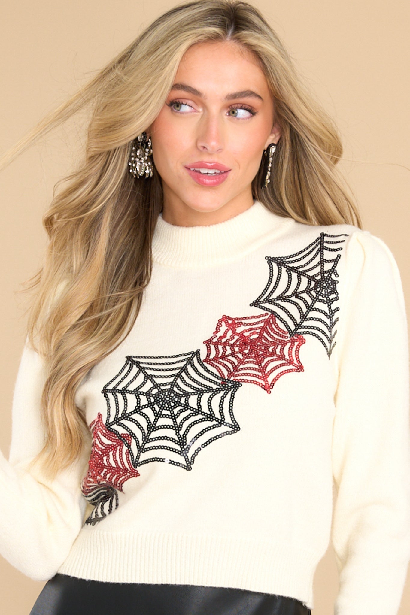 Night Of Spooks Ivory Sequin Sweater - Red Dress