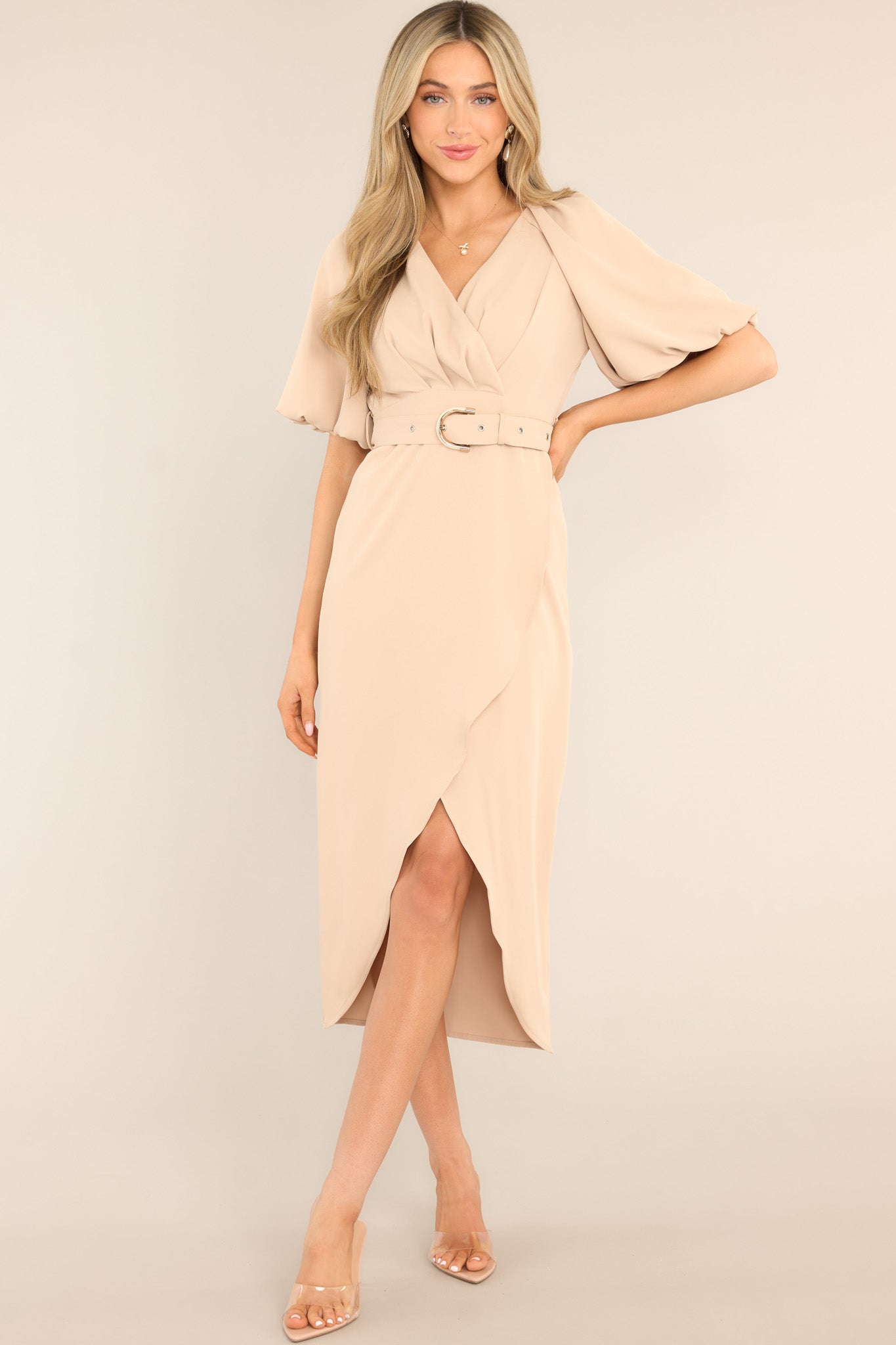 No Matter The Odds Beige Belted Midi Dress - Red Dress