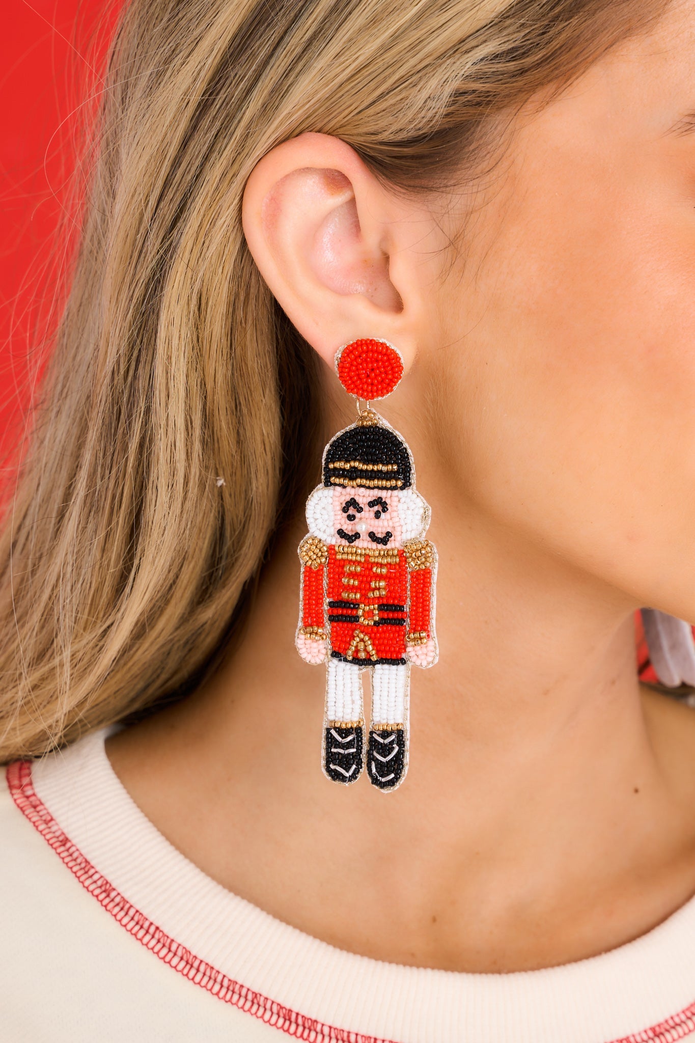 Nutcracker Statue Red Beaded Earrings - Red Dress