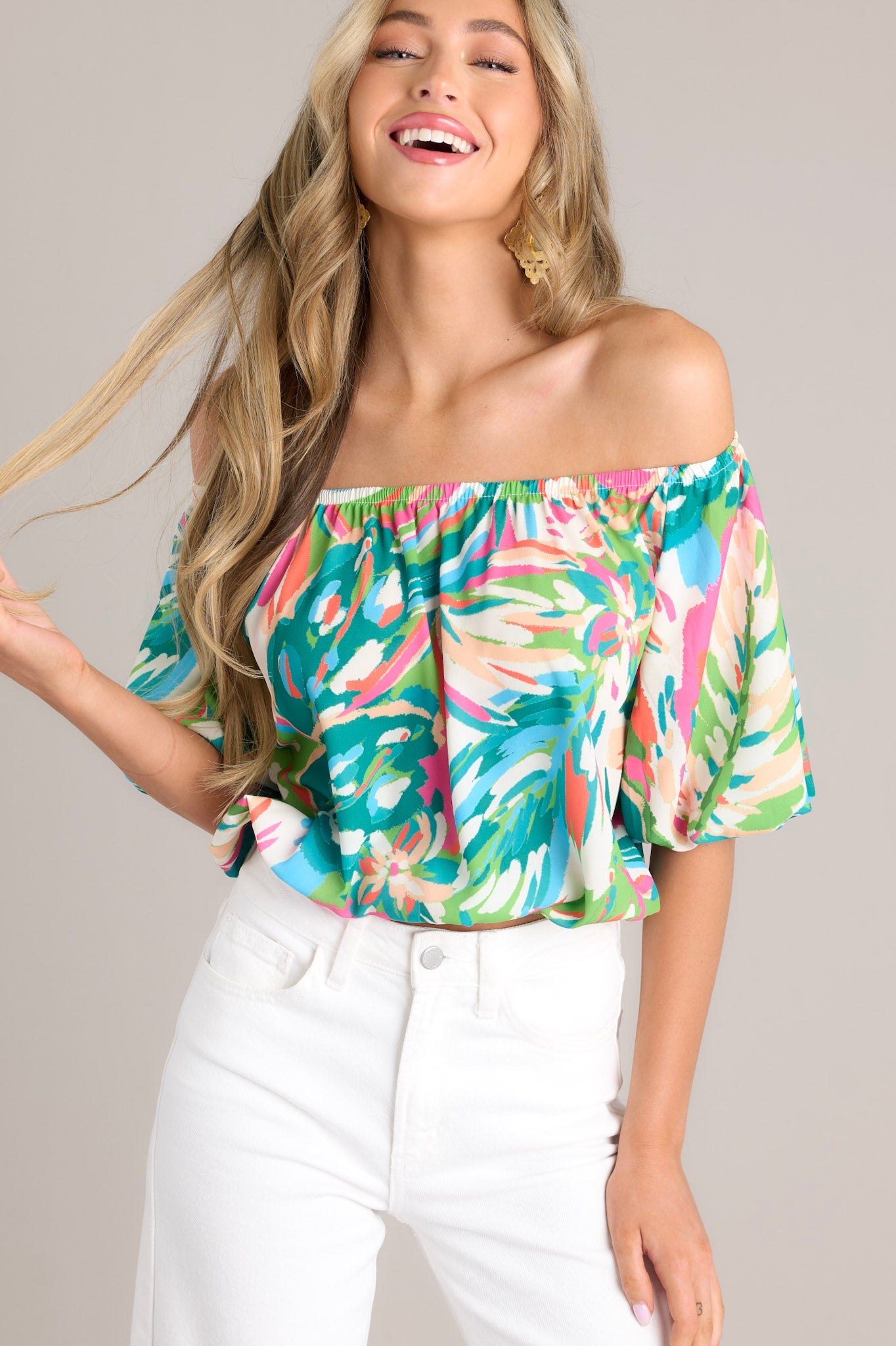 Ocean Odyssey Teal Tropical Print Off-The-Shoulder Top - Red Dress