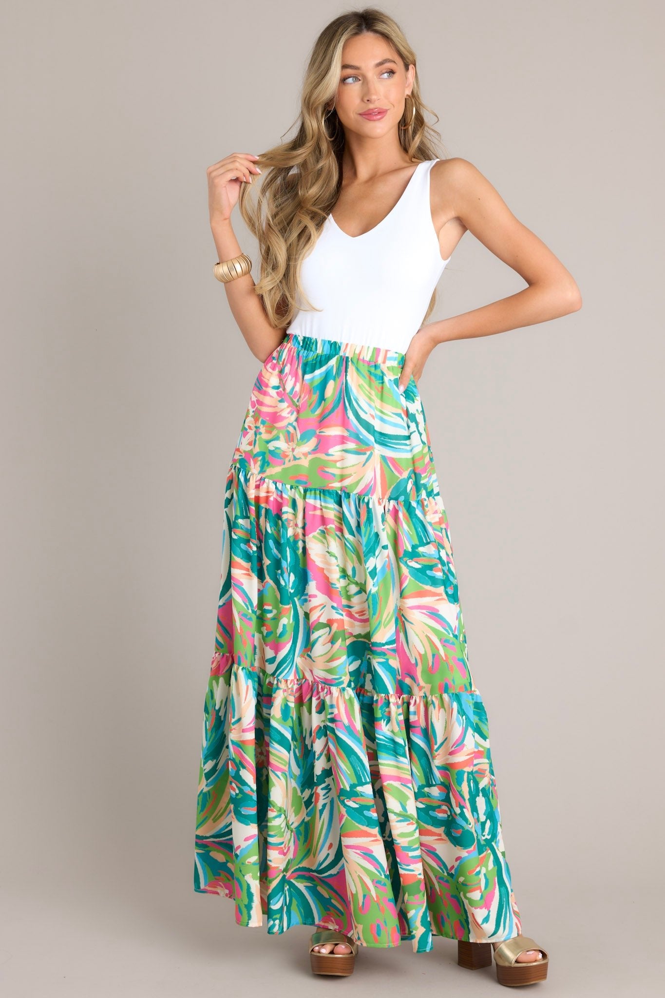 Oceanic Mirage Teal Tropical Print Maxi Skirt - Red Dress