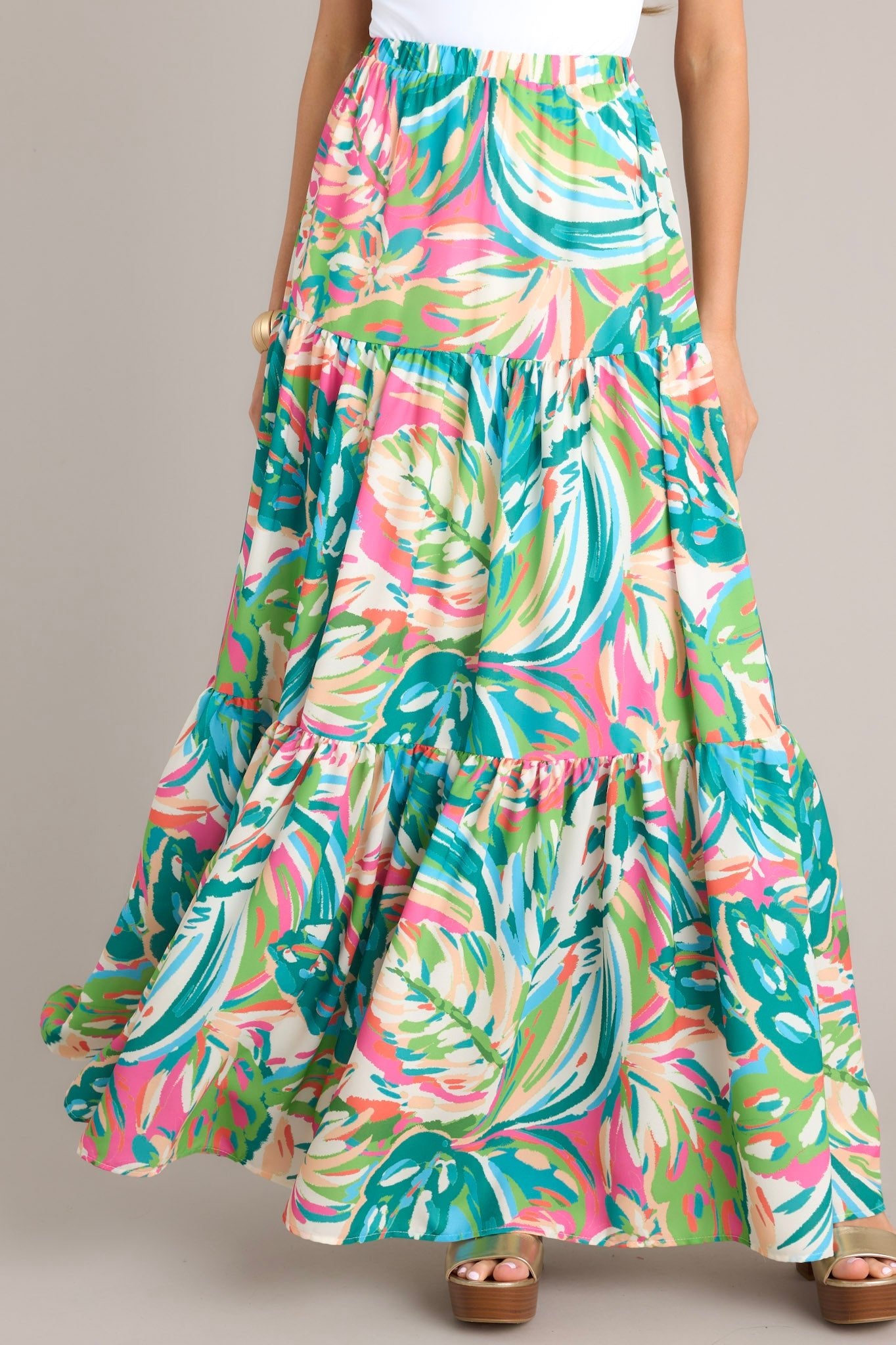 Oceanic Mirage Teal Tropical Print Maxi Skirt - Red Dress