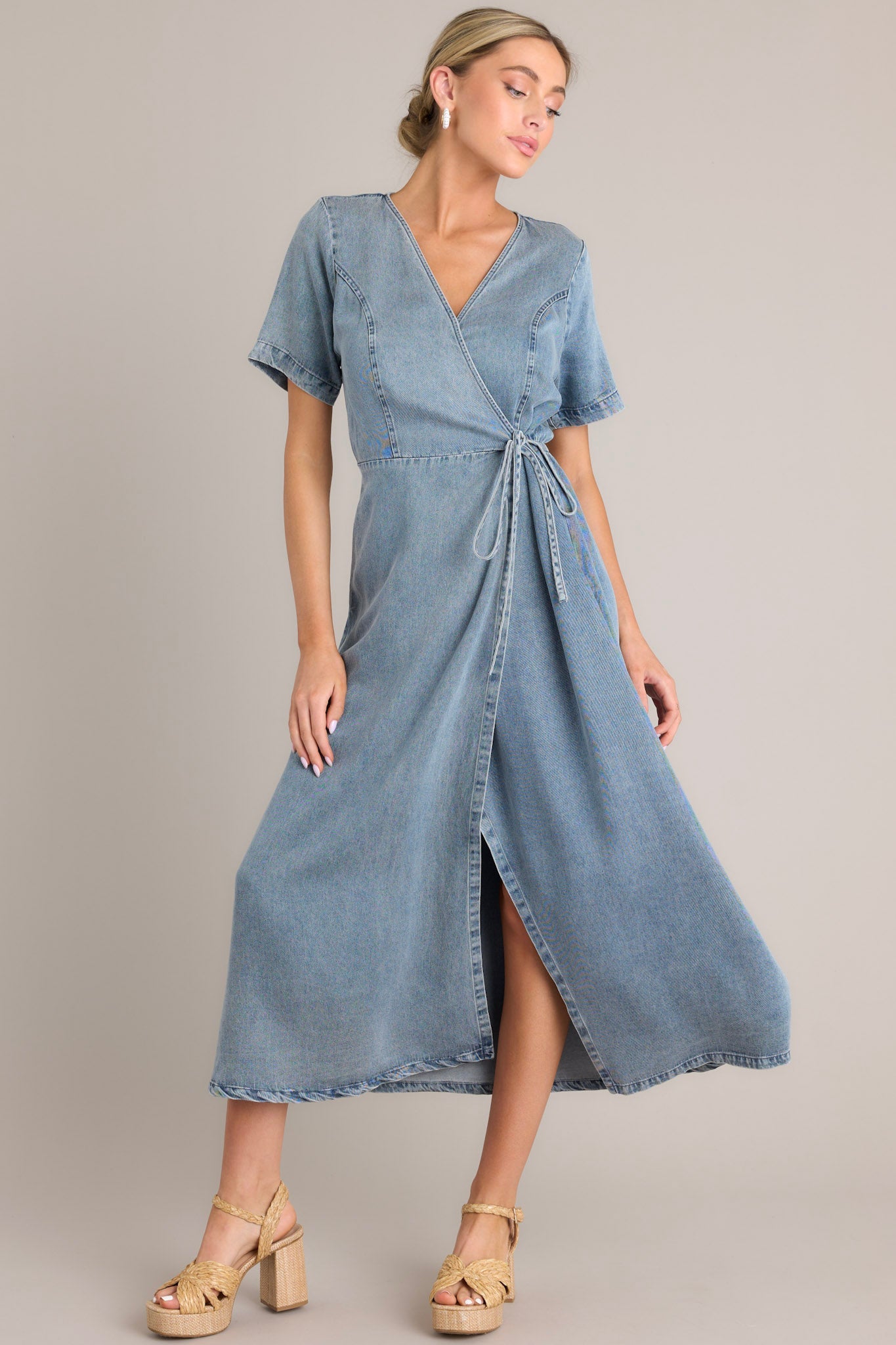 Odyssey Within Medium Wash Chambray Wrap Midi Dress - Red Dress