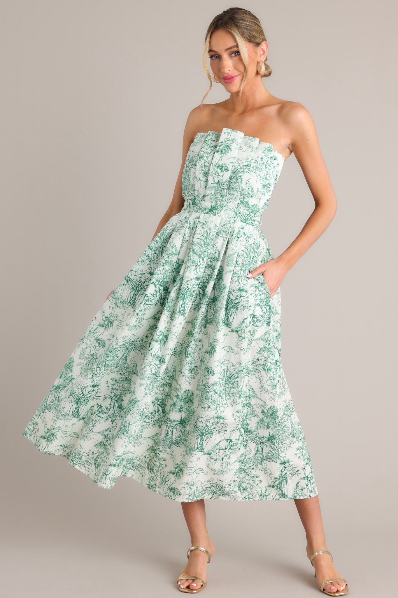 Our Life Together Green Toile Strapless Midi Dress - Red Dress