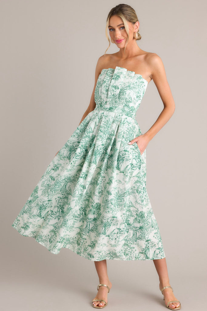 100% Cotton Strapless Green Toile Midi Dress - All Dresses | Red Dress