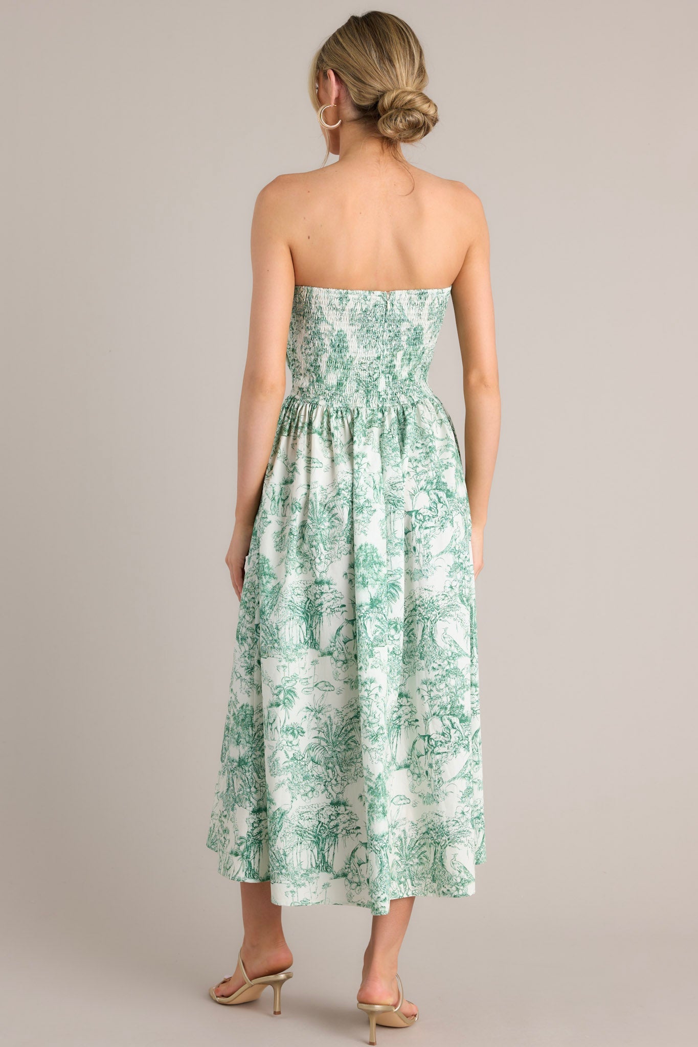 Our Life Together Green Toile Strapless Midi Dress - Red Dress