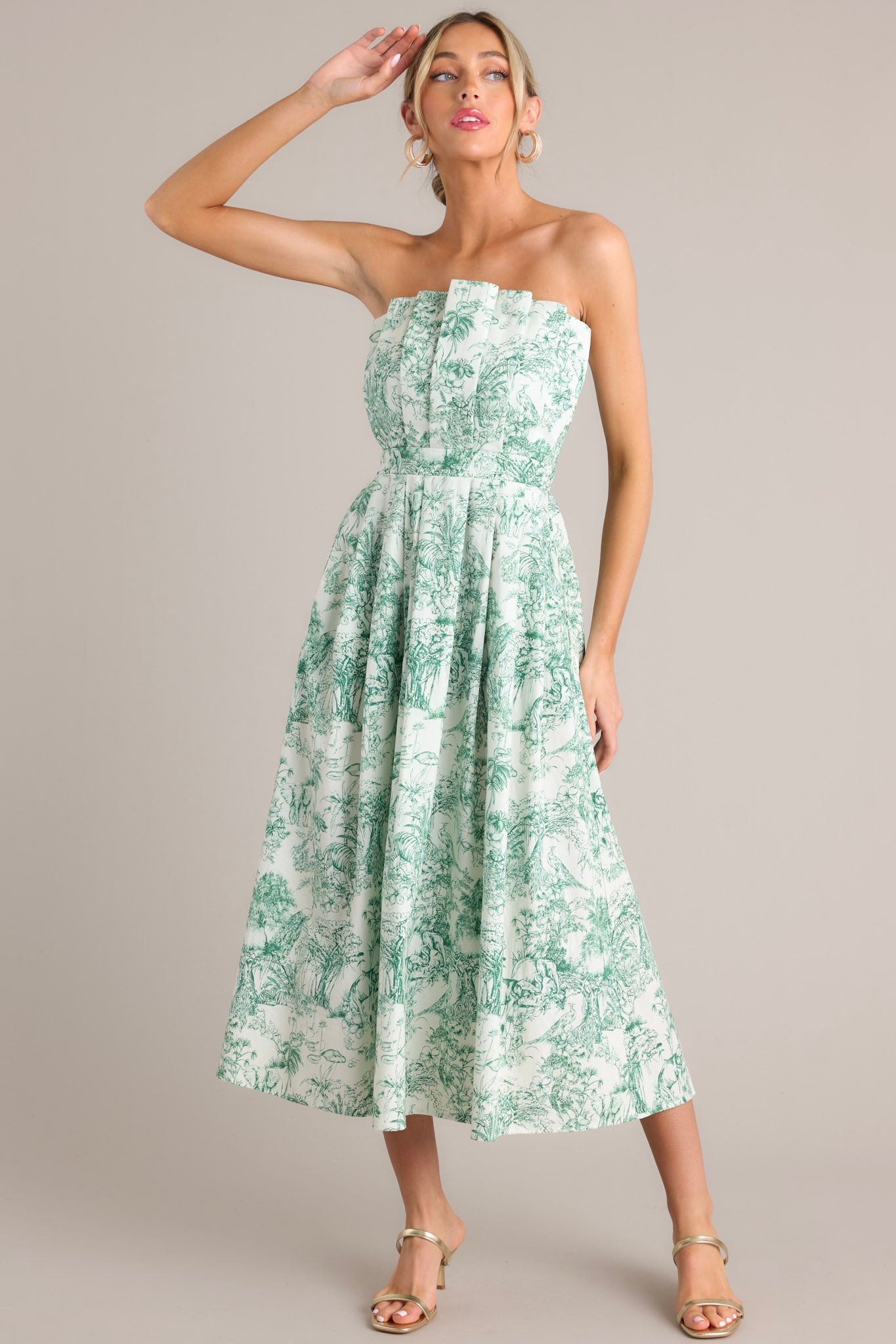 100% Cotton Strapless Green Toile Midi Dress - All Dresses | Red Dress