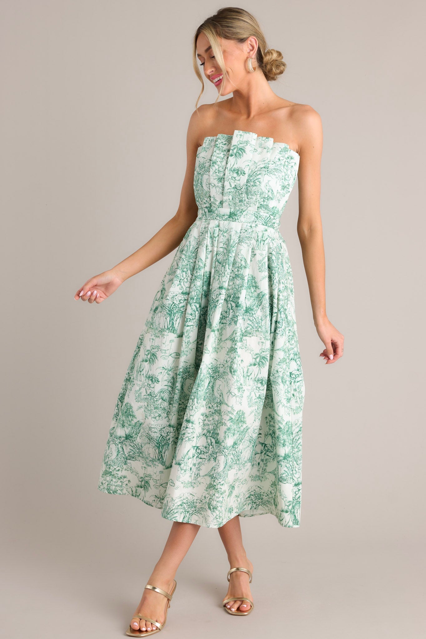 Our Life Together Green Toile Strapless Midi Dress - Red Dress