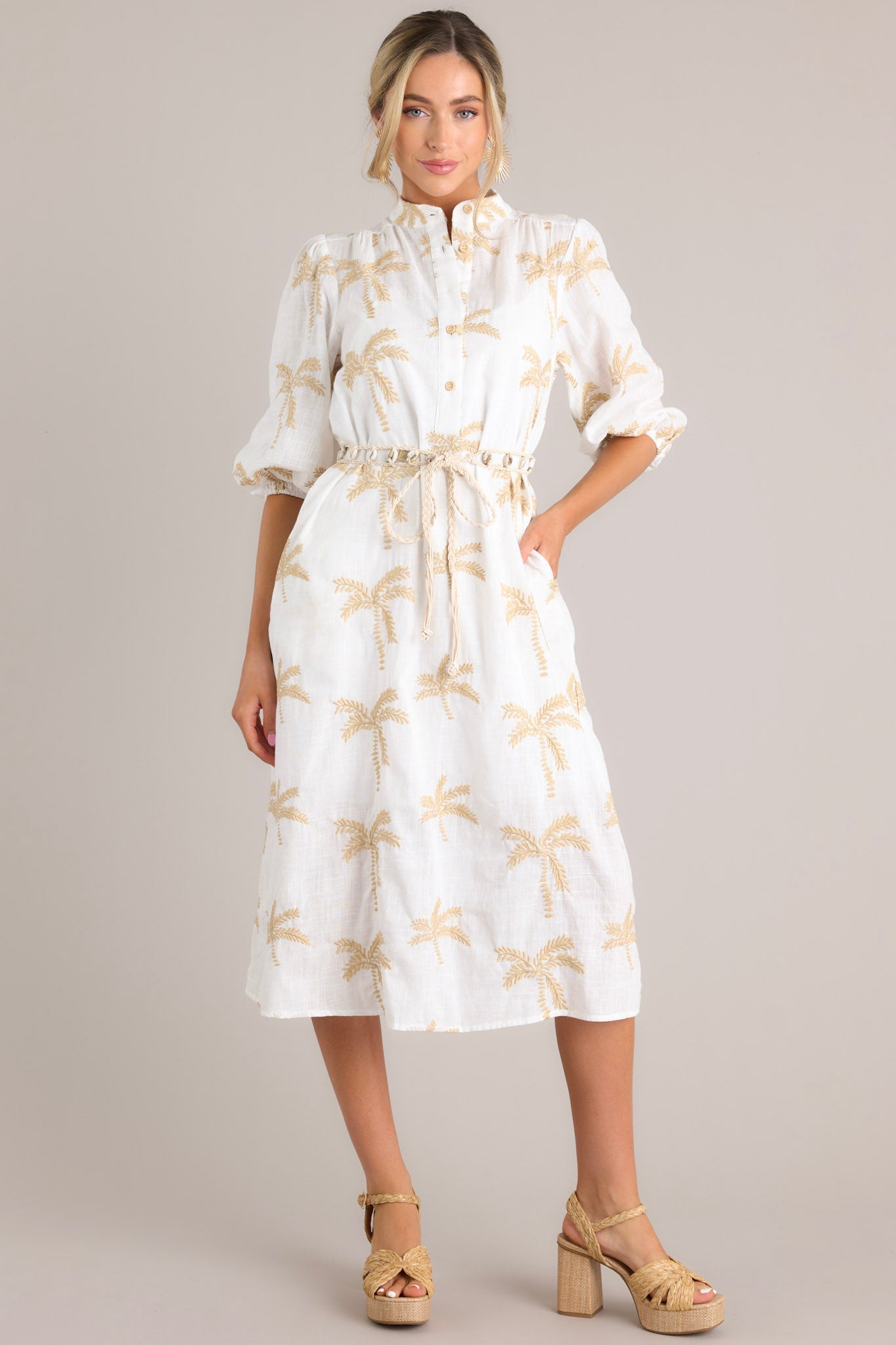 Palm Paradise Ivory Embroidered Midi Dress - Red Dress