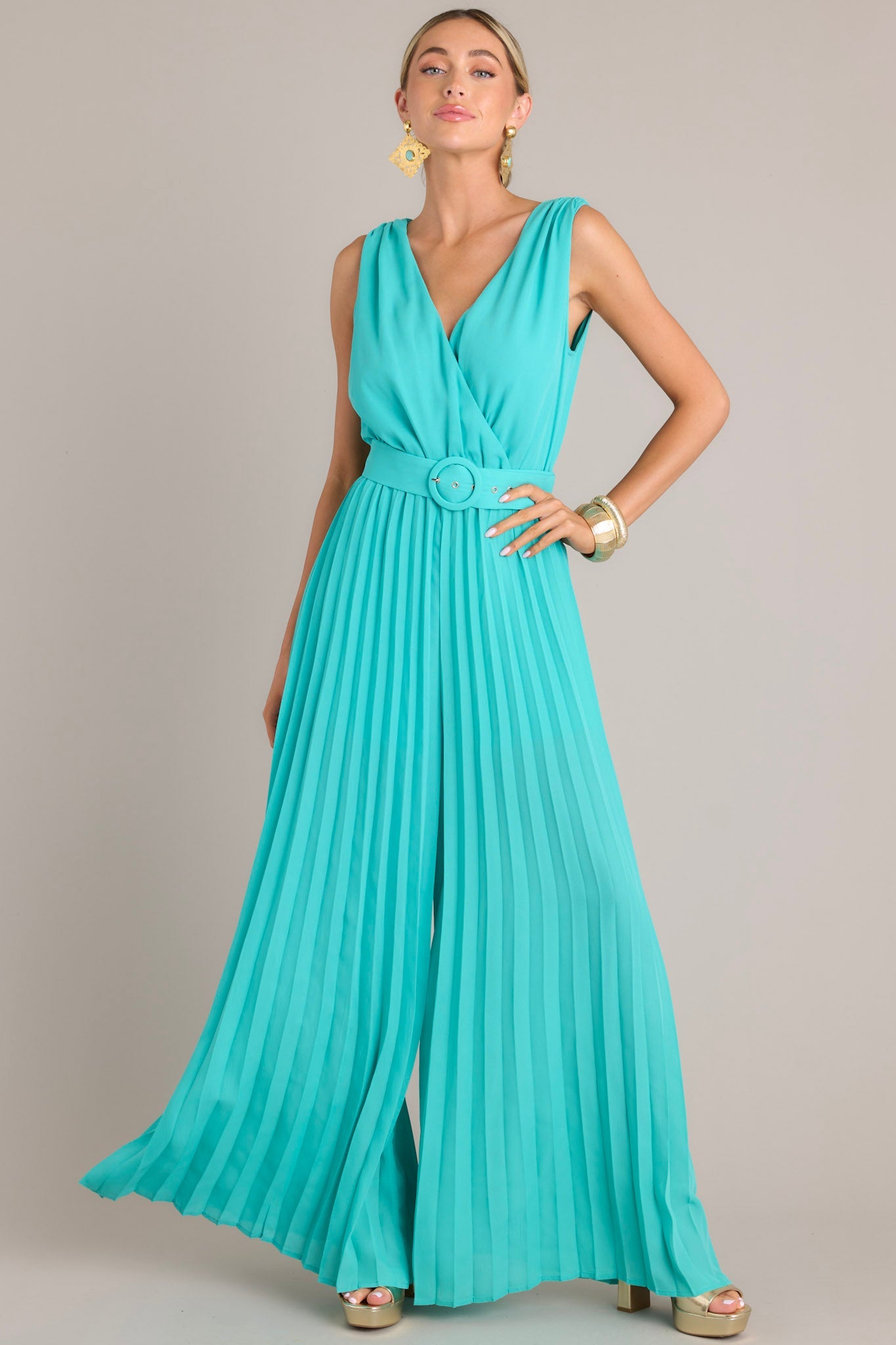 Paradise Haven Aqua Belted Jumpsuit - Red Dress