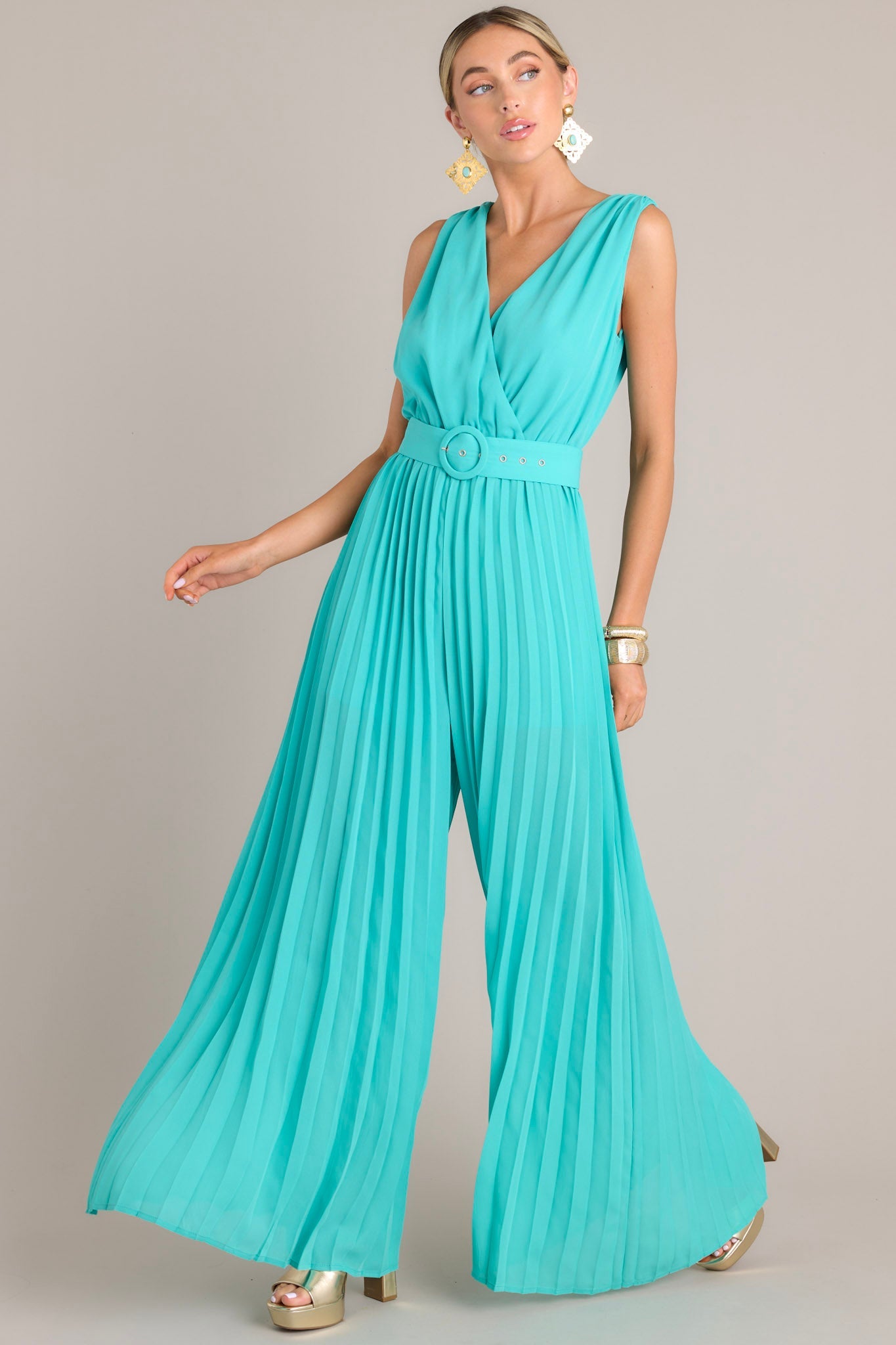 Paradise Haven Aqua Belted Jumpsuit - Red Dress