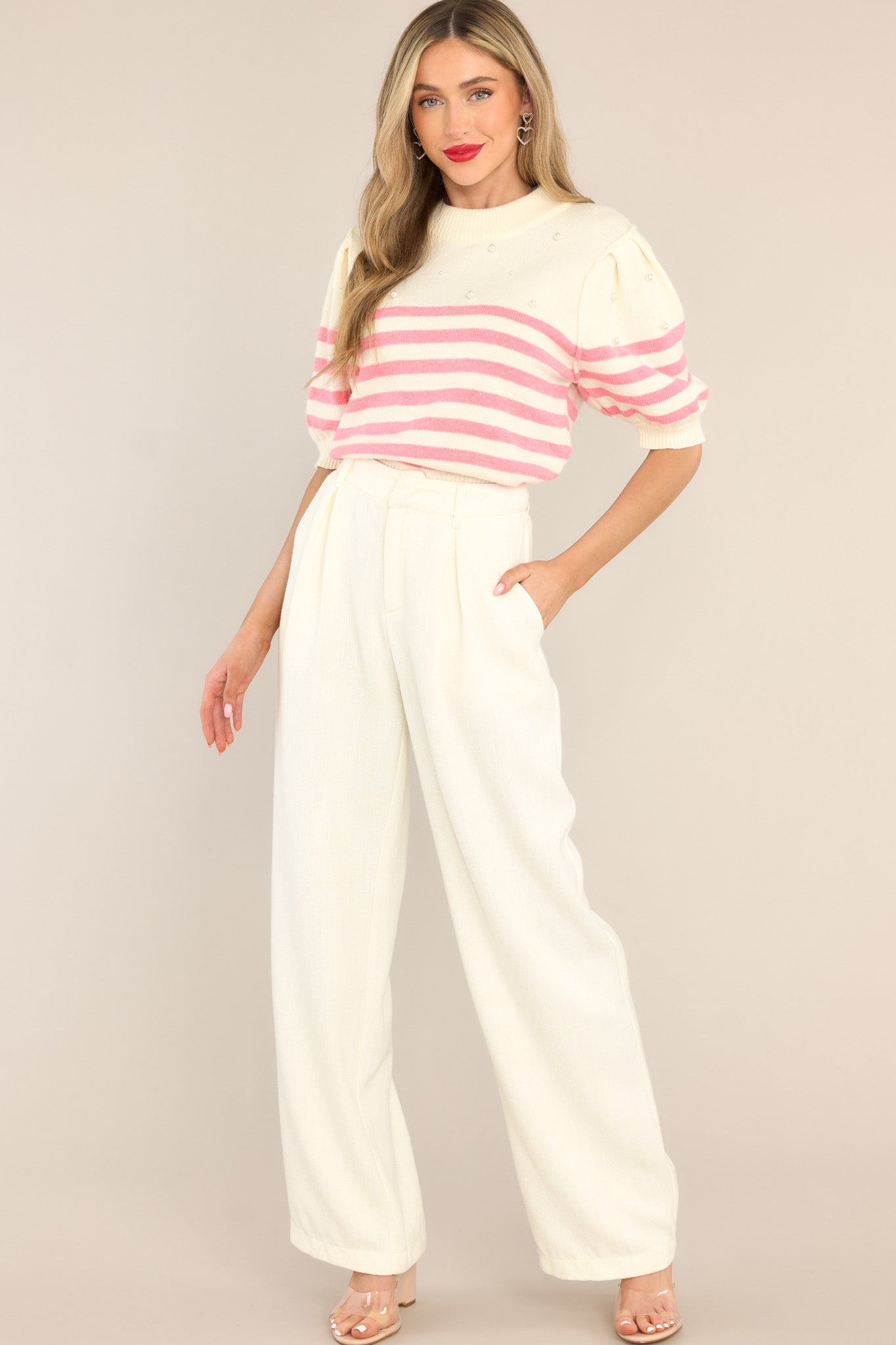 Pearlfectly Ivory & Pink Stripe Cropped Sweater - Red Dress