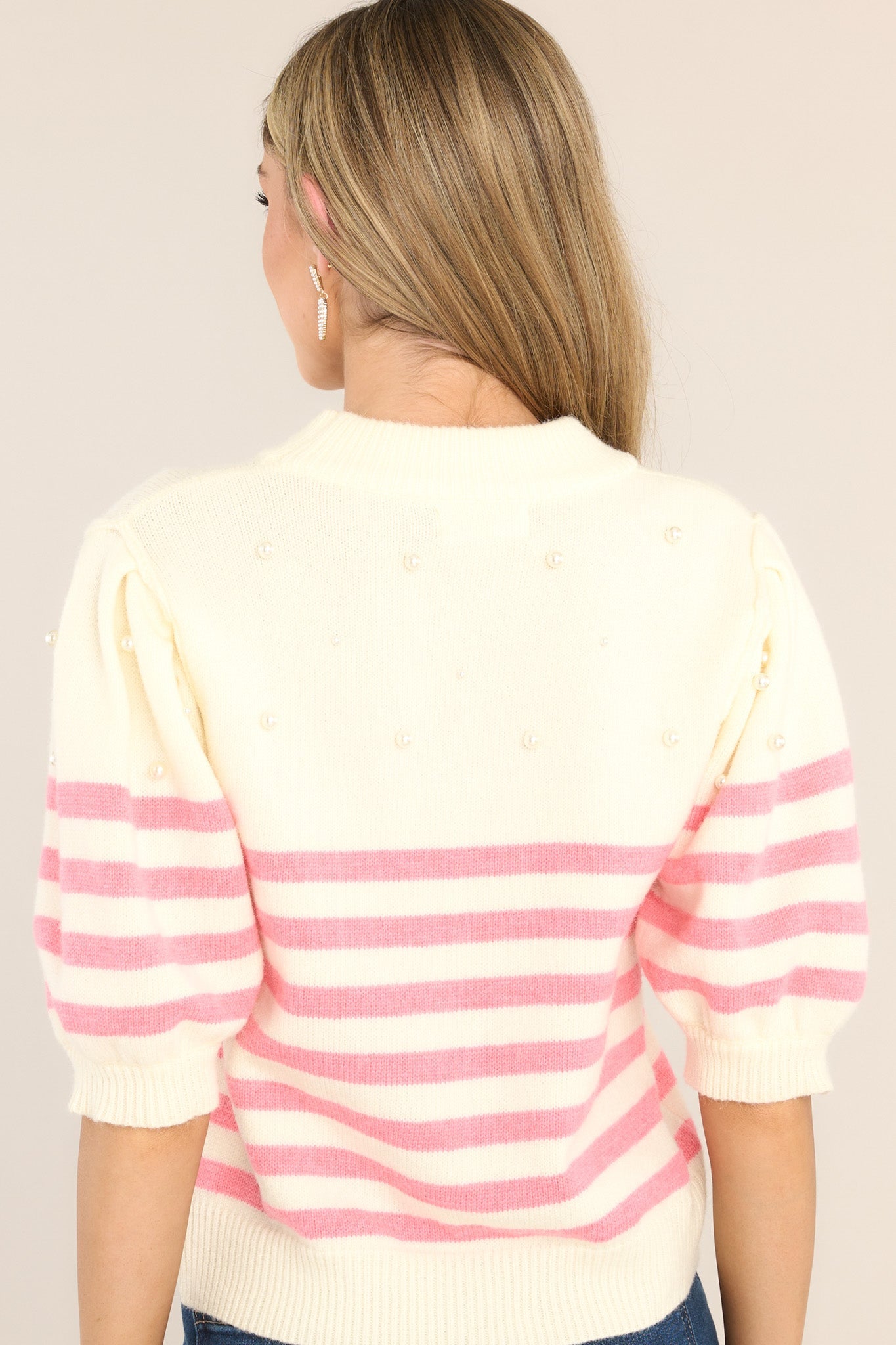 Pearlfectly Ivory & Pink Stripe Cropped Sweater - Red Dress