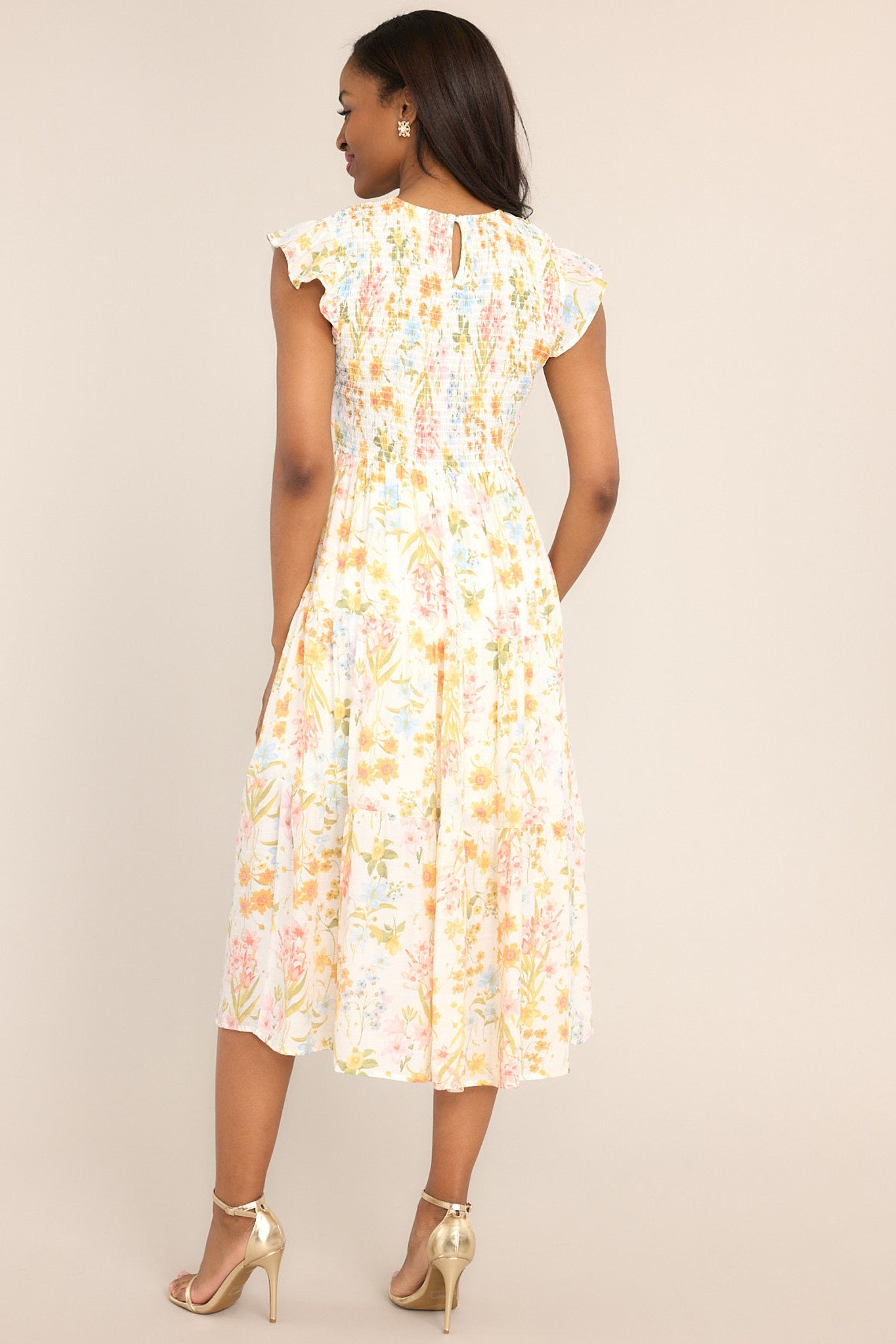 Petal Power Ivory Floral Smocked Midi Dress (BACKORDER APRIL) - Red Dress