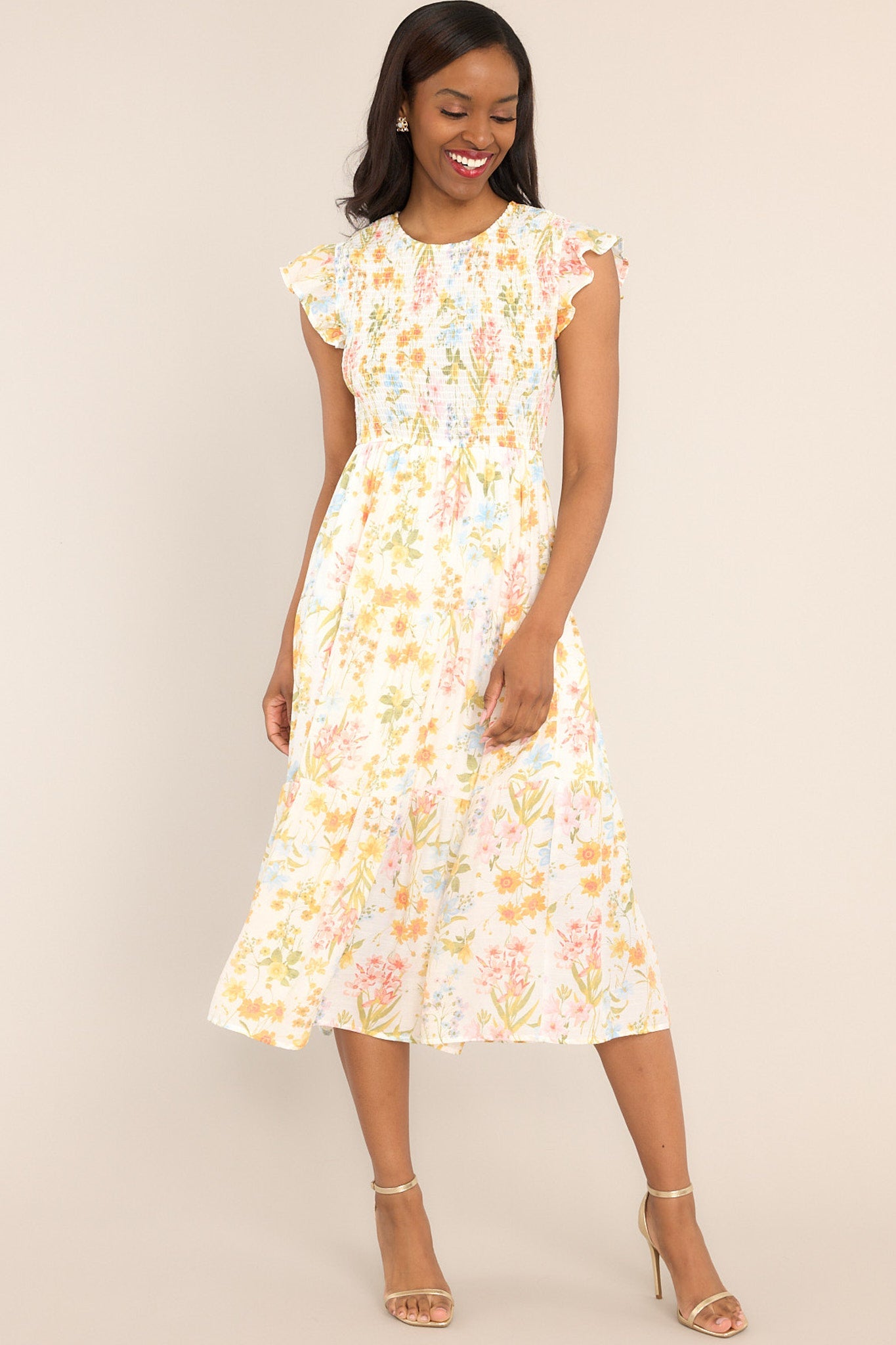 Petal Power Ivory Floral Smocked Midi Dress (BACKORDER APRIL) - Red Dress