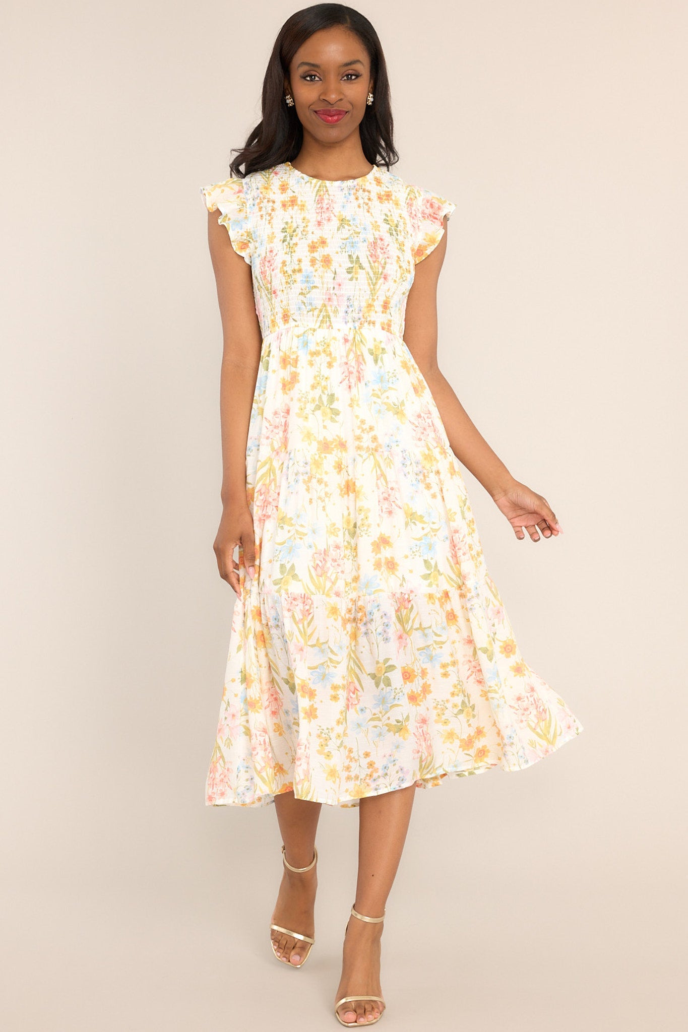 Petal Power Ivory Floral Smocked Midi Dress (BACKORDER APRIL) - Red Dress