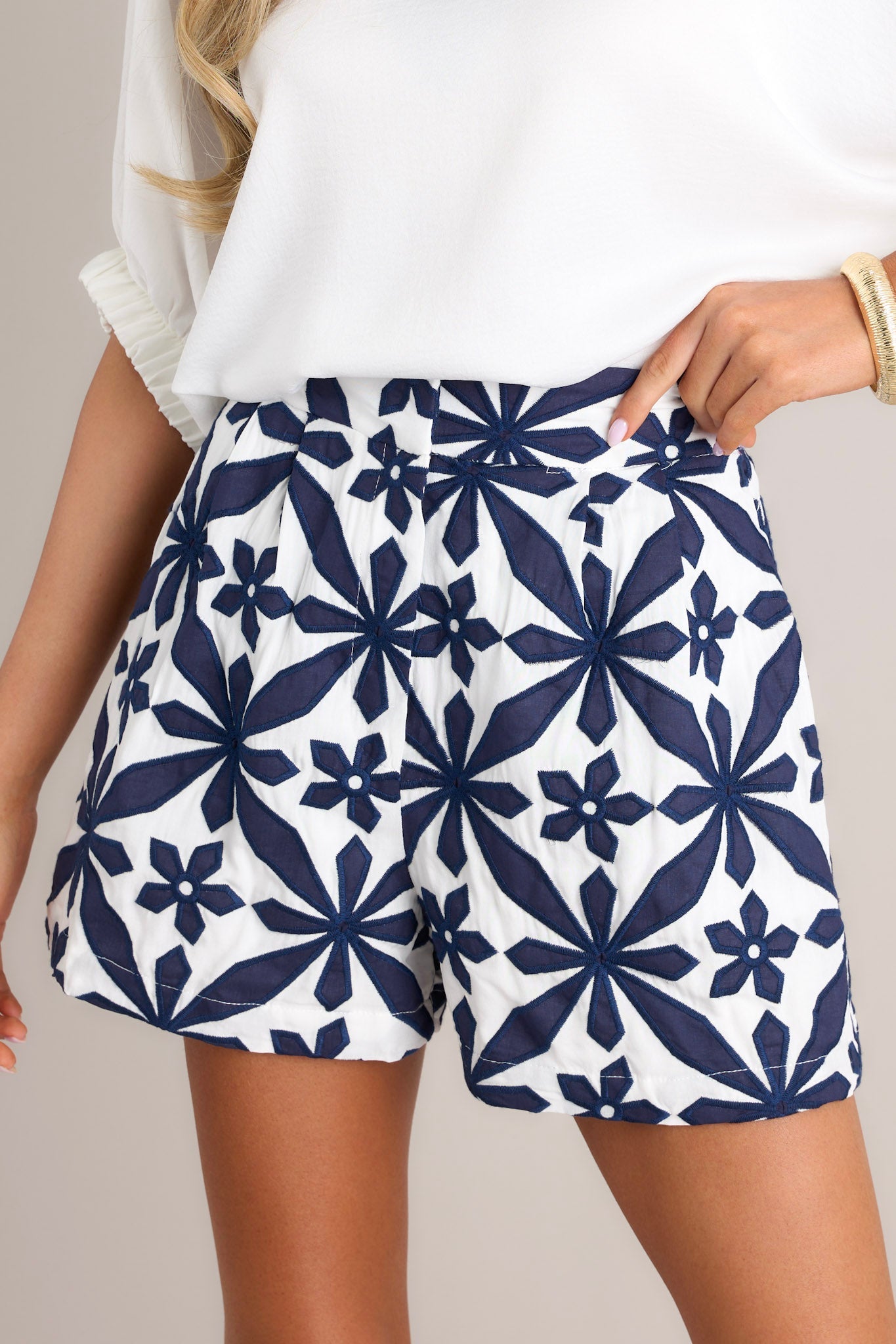 Petal Prism Navy Geometric Floral Embroidered Shorts (BACKORDER JUNE) - Red Dress