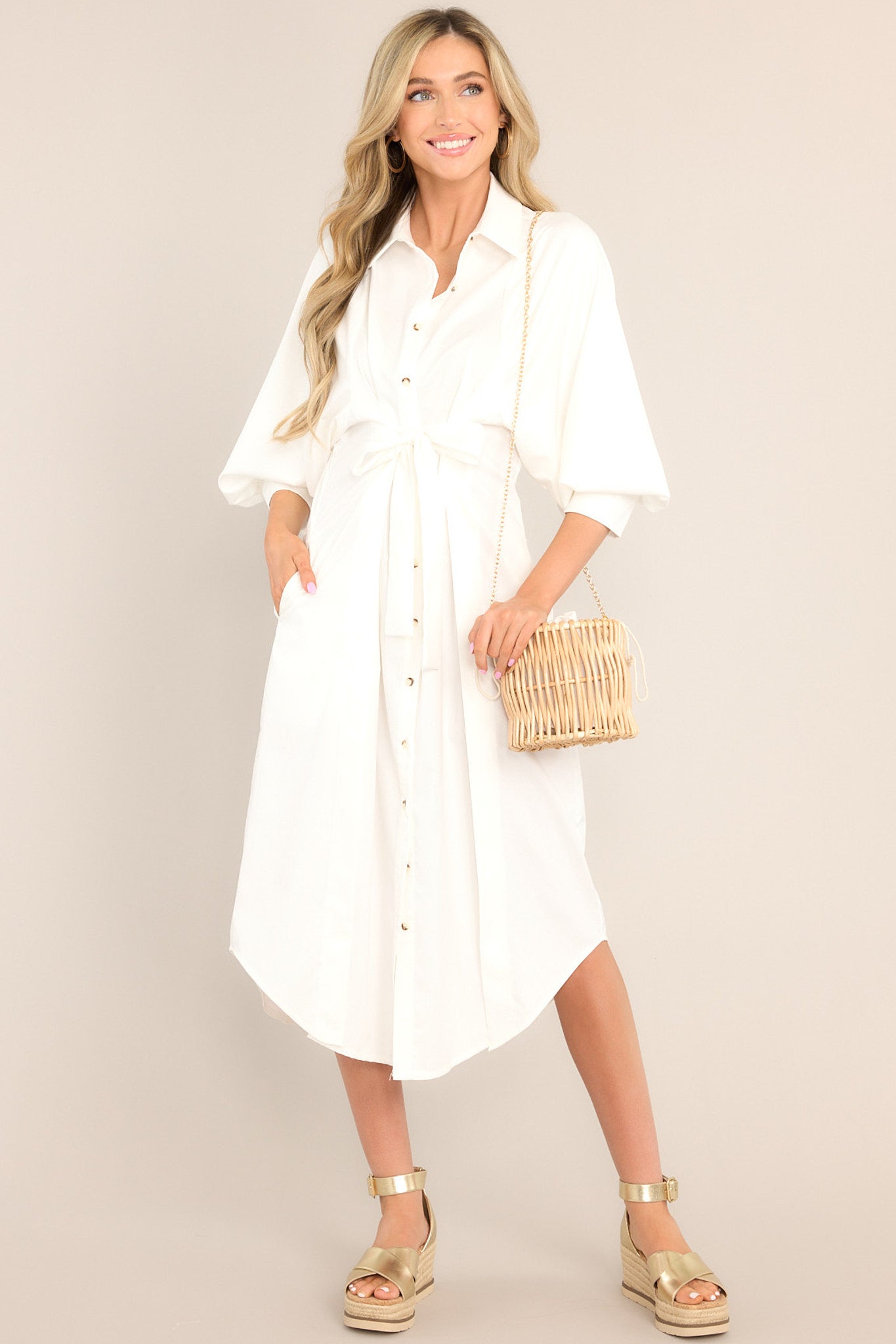 Picnic Perfect White Button Front Midi Dress - Red Dress