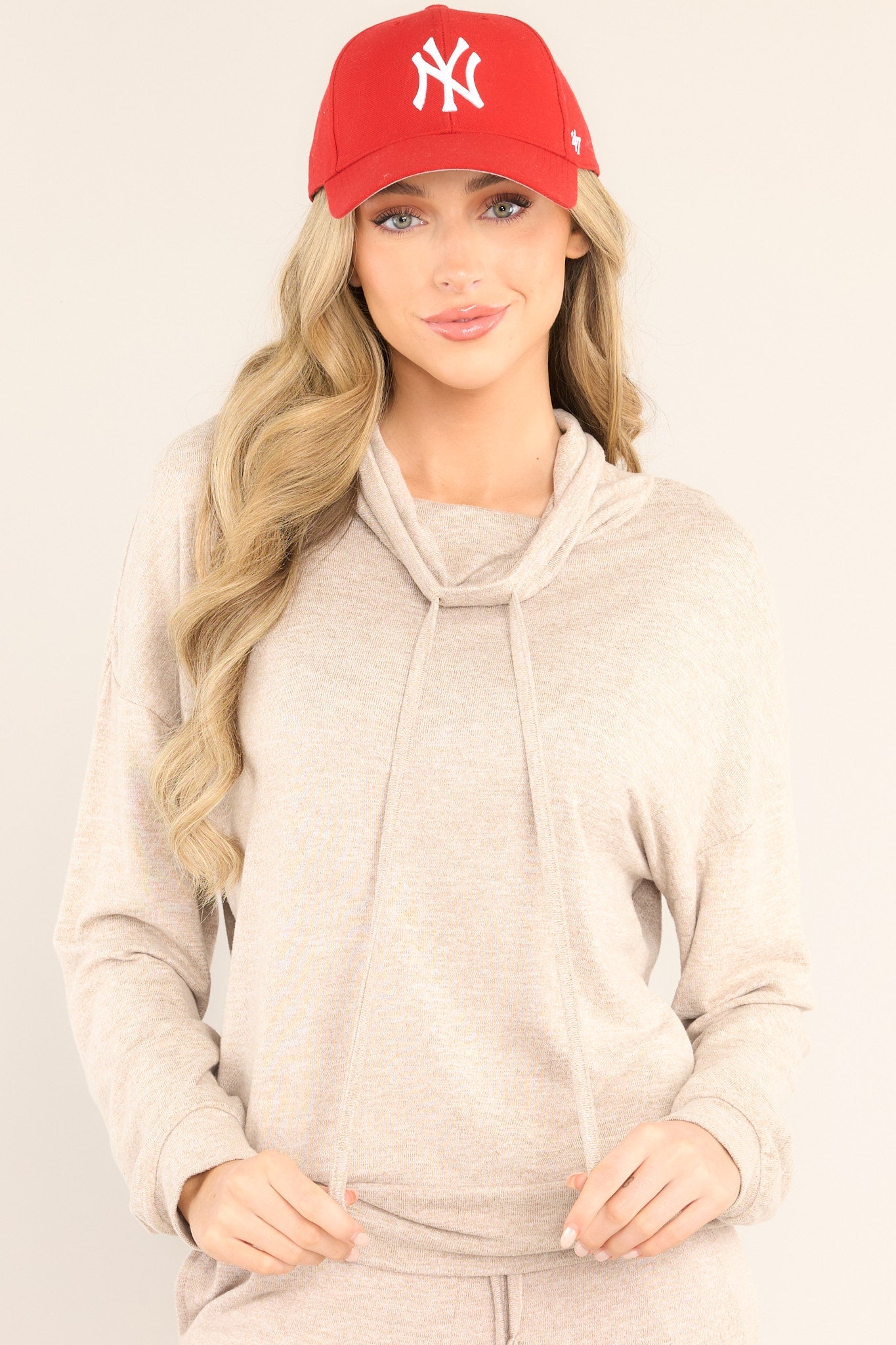 Pitch In Light Mocha Cowl Neck Pullover - Red Dress