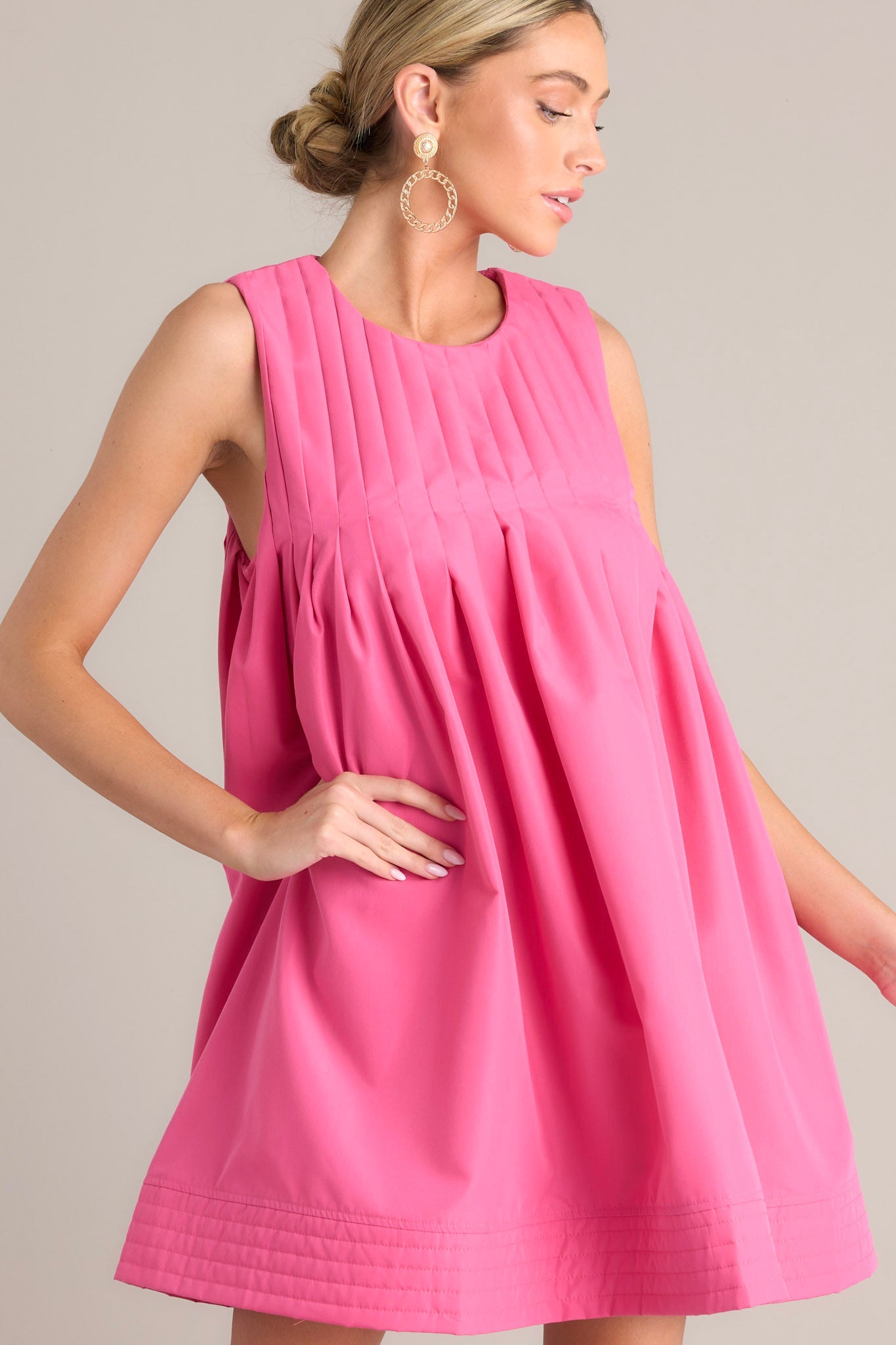 Pleated Petal Hot Pink Mini Shift Dress - Red Dress