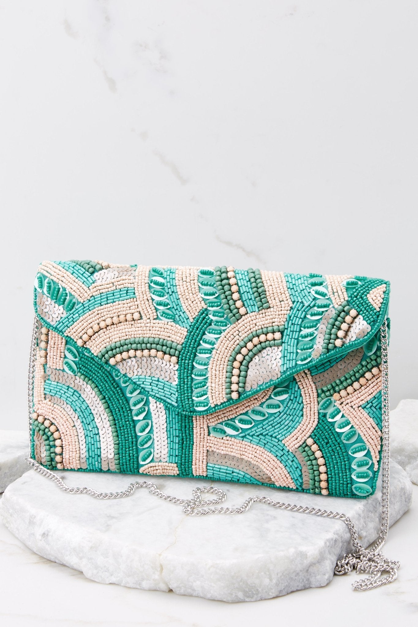 NEW Beaded Evening Clutch Handbag W/Chain Strap Turquoise Gold