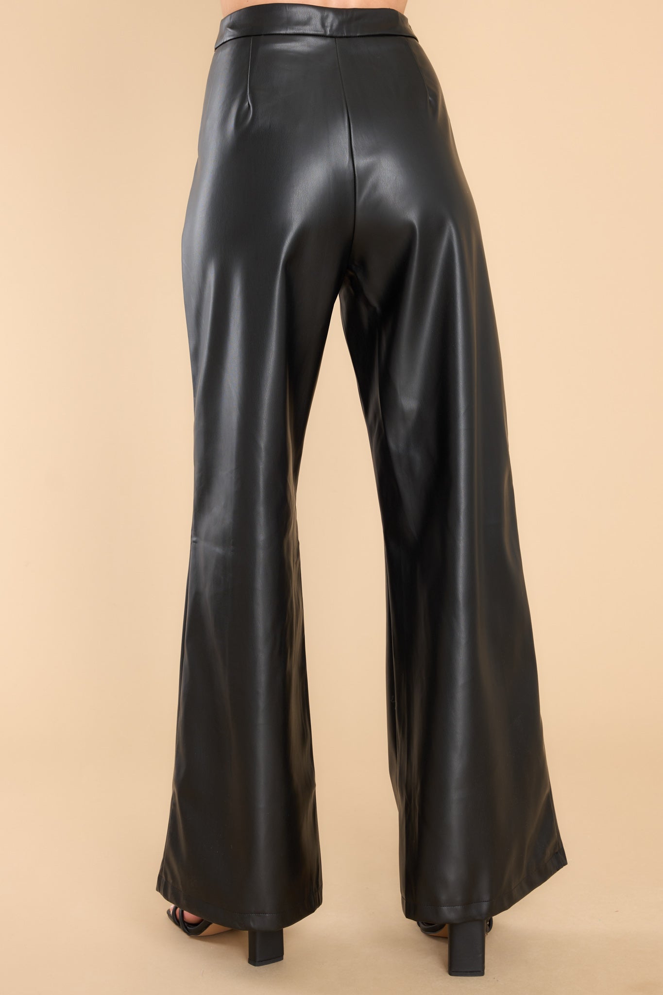 Black Faux Leather Seam Detail Wide Leg Pants
