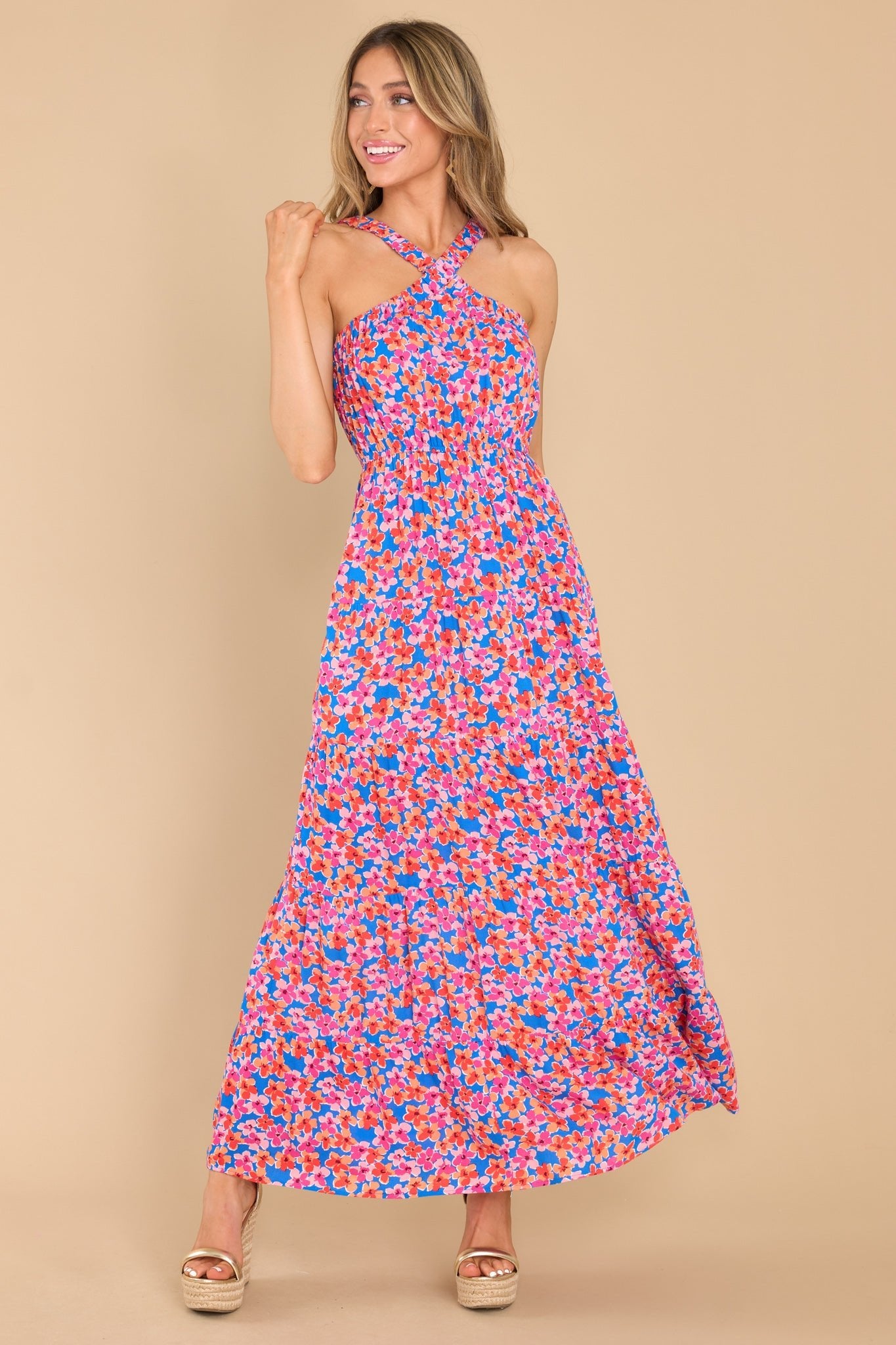 Divine Heritage Blue Floral Tiered Maxi popular Dress S