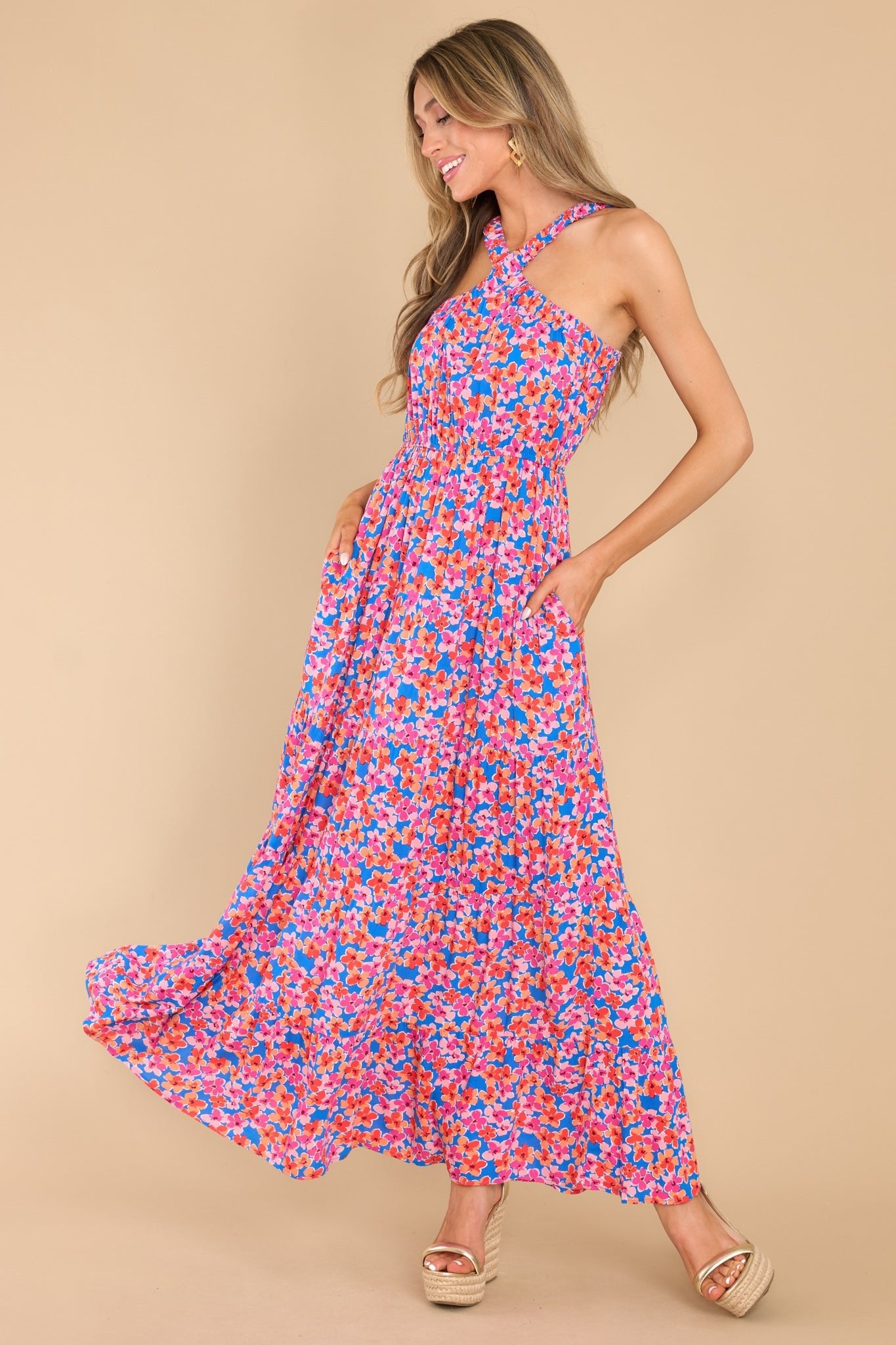 Divine Designs Blue Multi Floral Maxi Dress - Red Dress