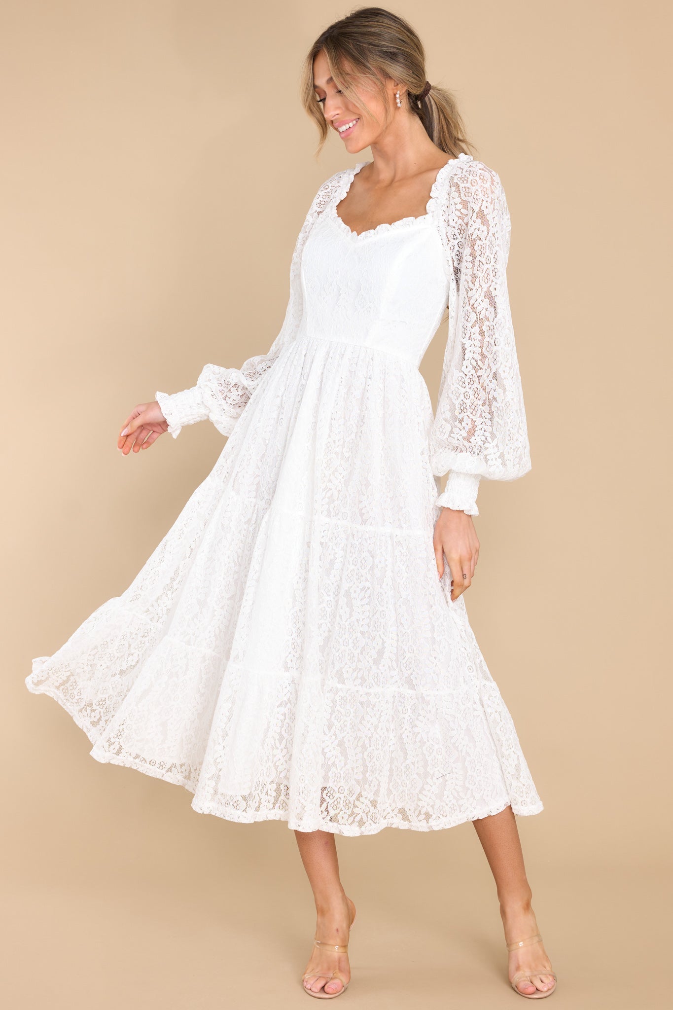 Stunning White Lace Dress Midi Dresses Red Dress 3645