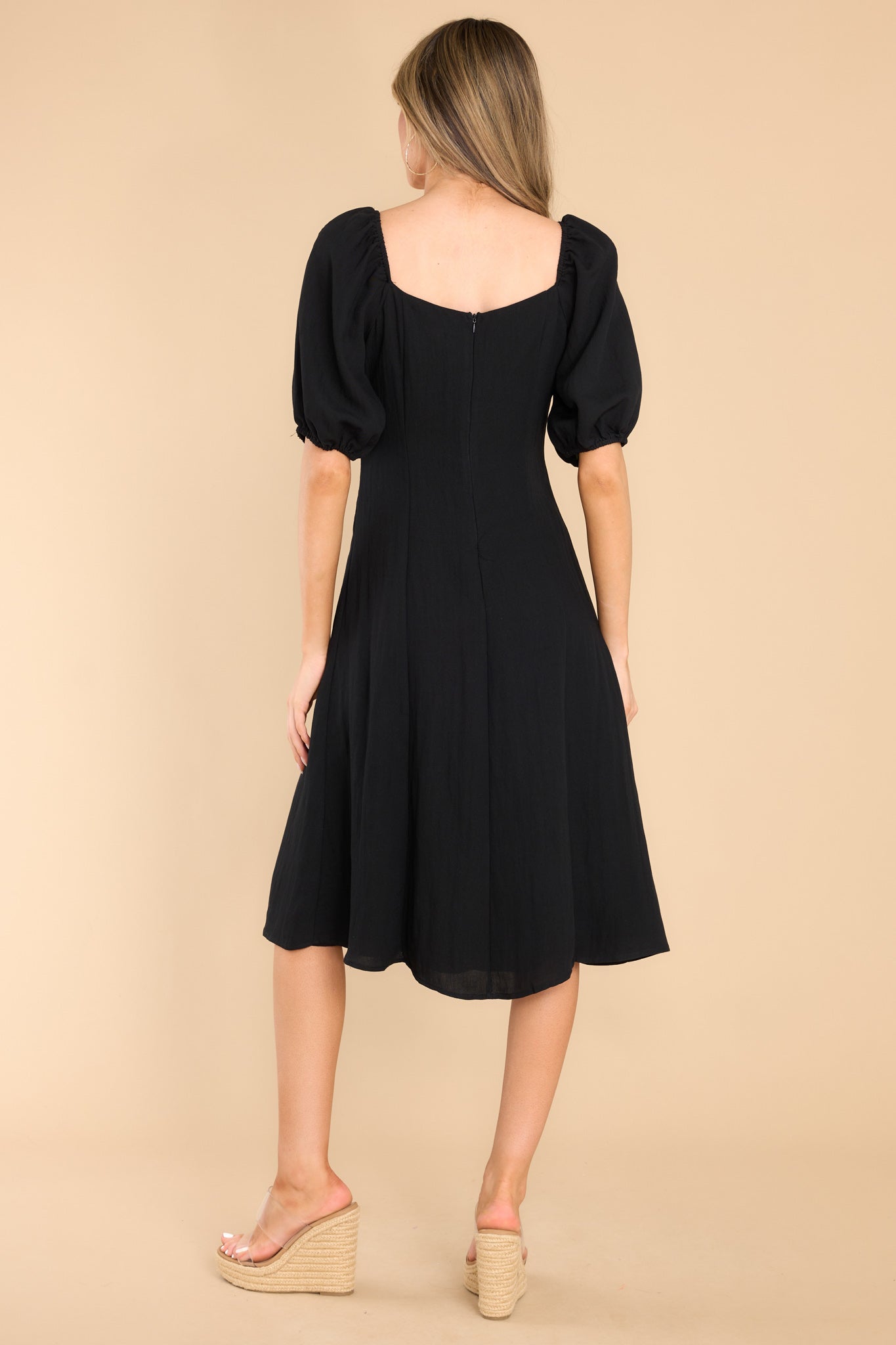 Gorgeous Puff Sleeves Black Midi Dress - All Dresses | Red Dress