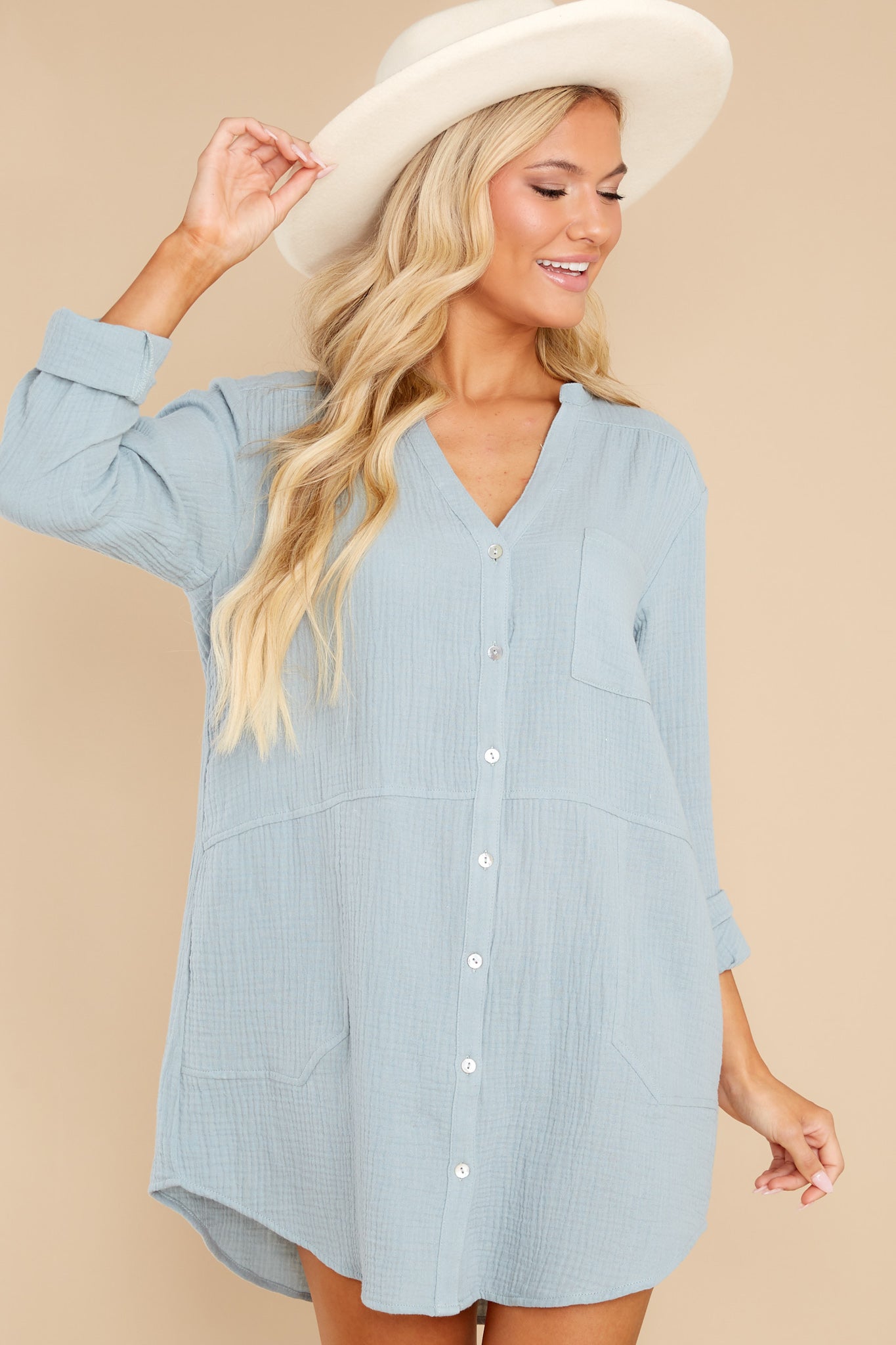 Casual Dusty Blue Long Sleeve Tunic - Shop By Color | Red Dress
