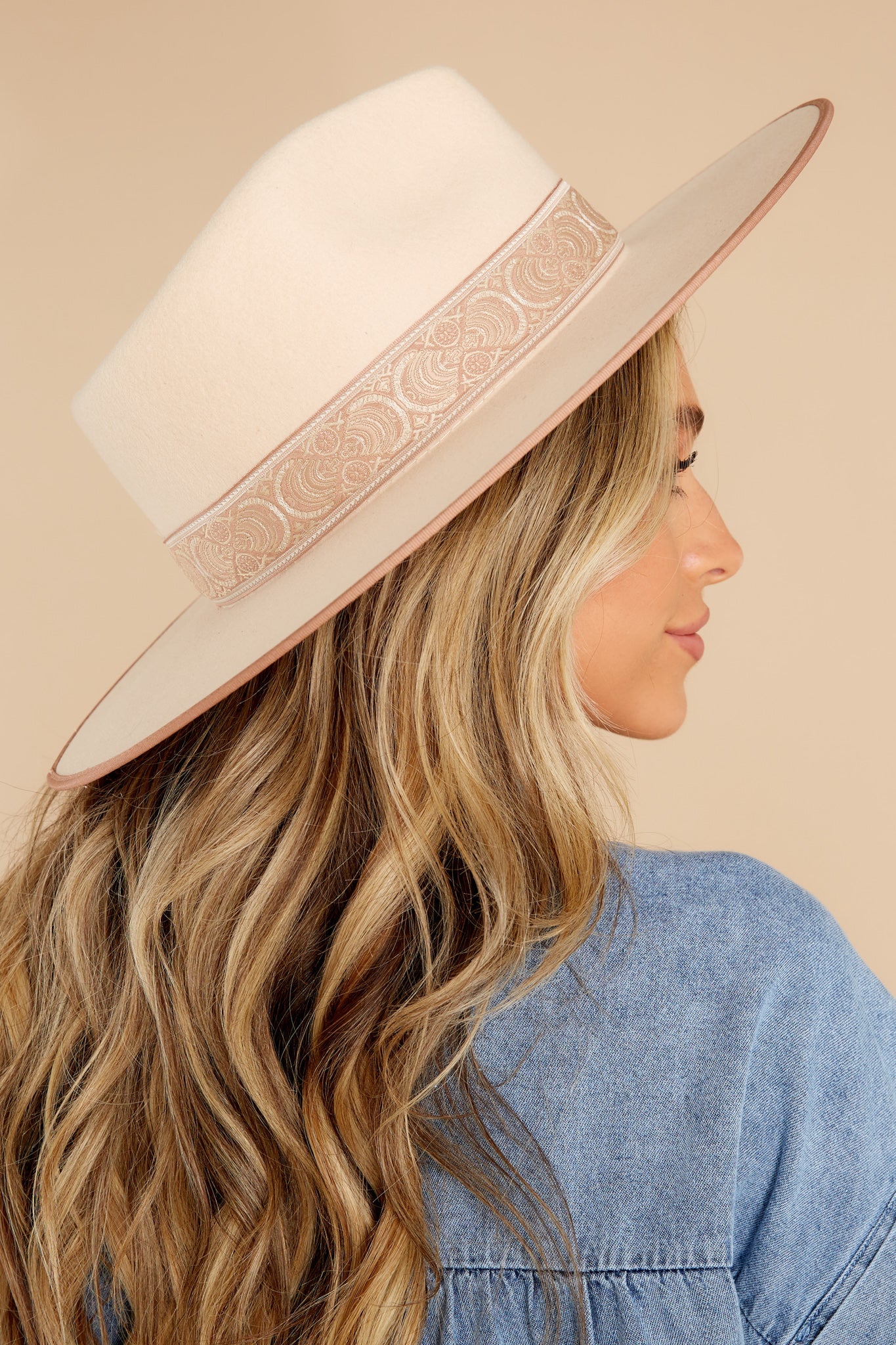 Side view of this hat that is featuring a stiffened wool fedora with a rigid crown design, and trimmed with a tonal grosgrain ribbon.