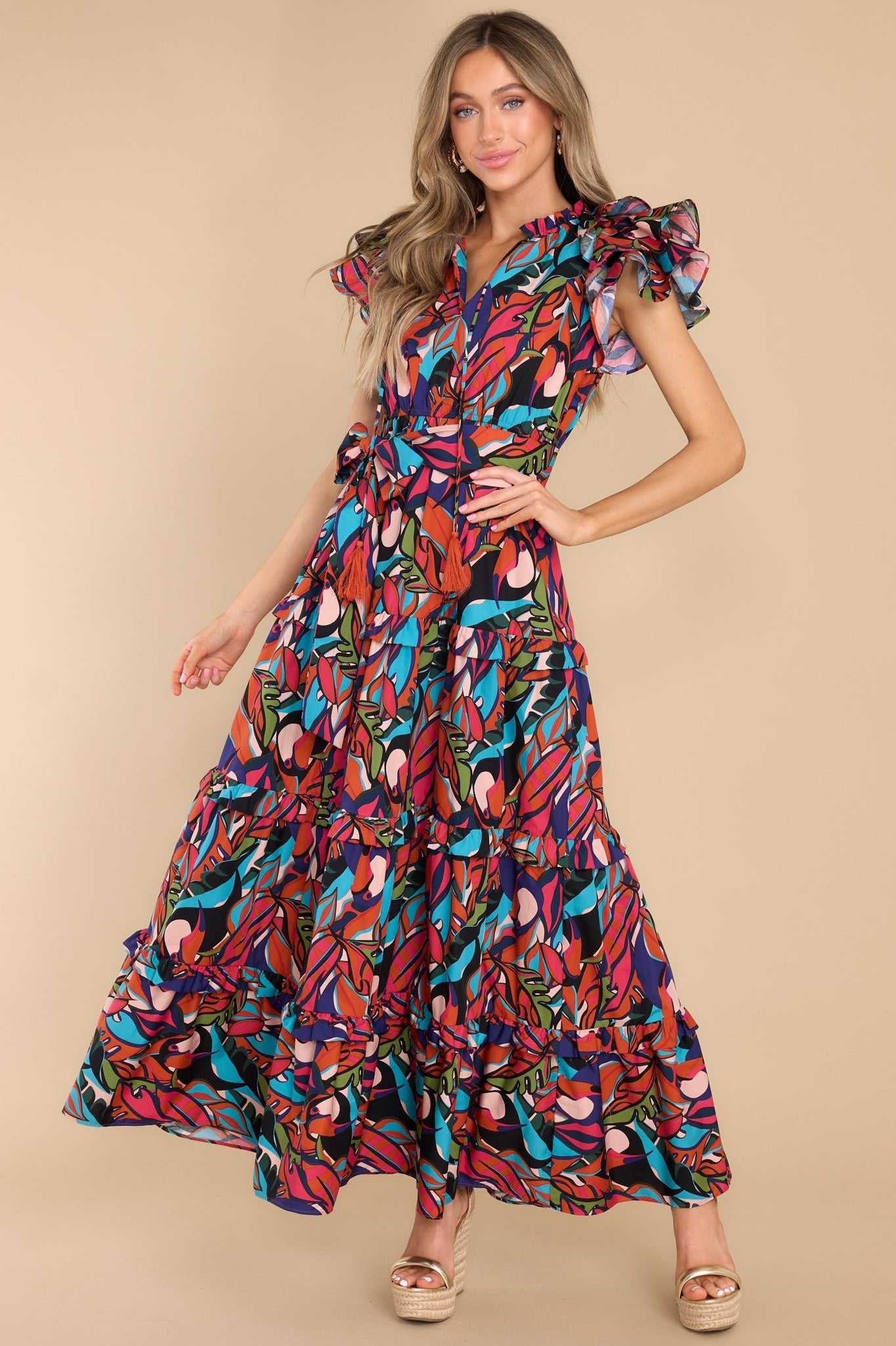 Lively Blue Multi Print Belted Dress - Maxi Dresses | Red Dress