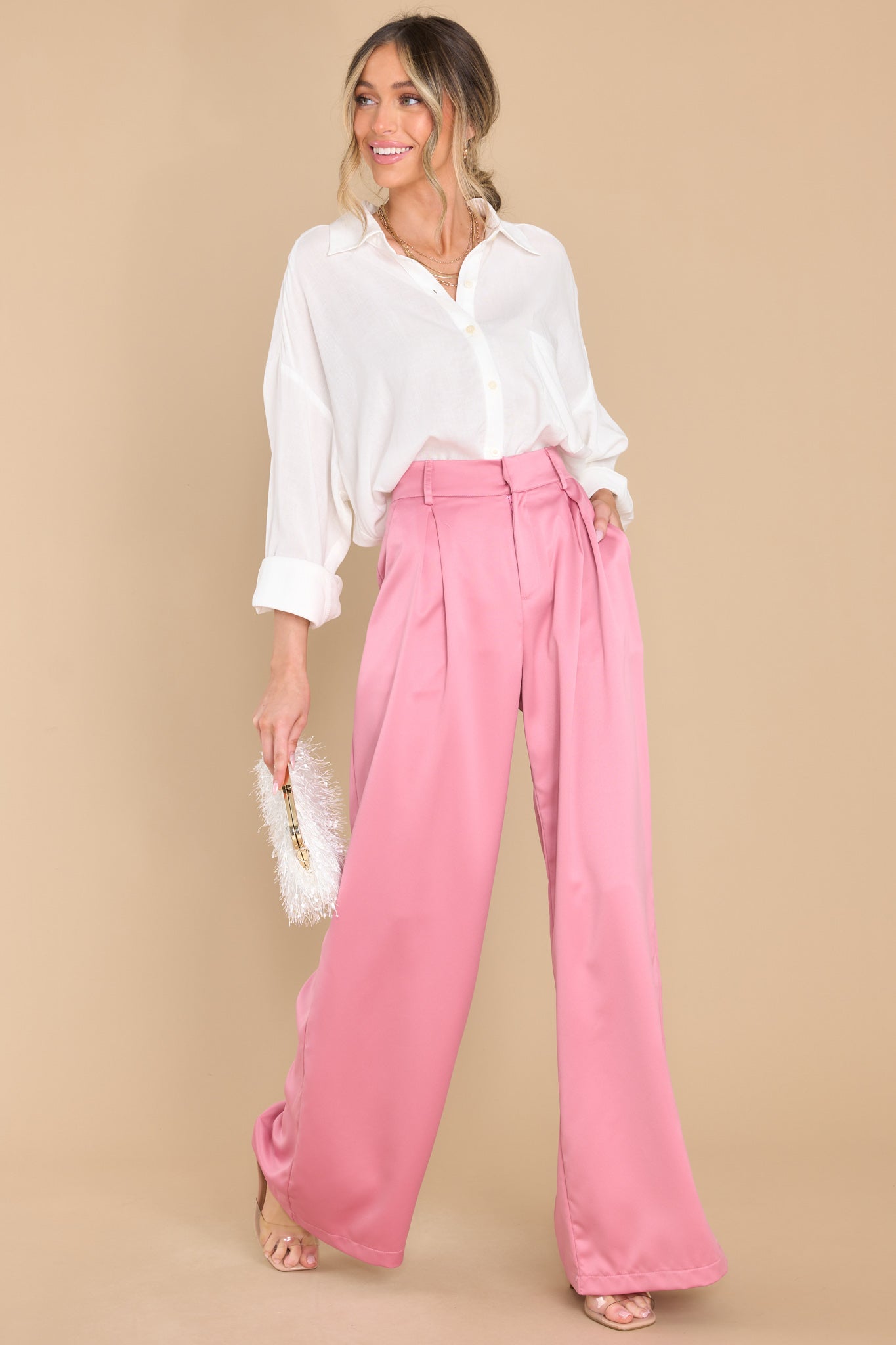 High Waisted Bell Bottoms Pants - Hot Pink - Pomelo Fashion