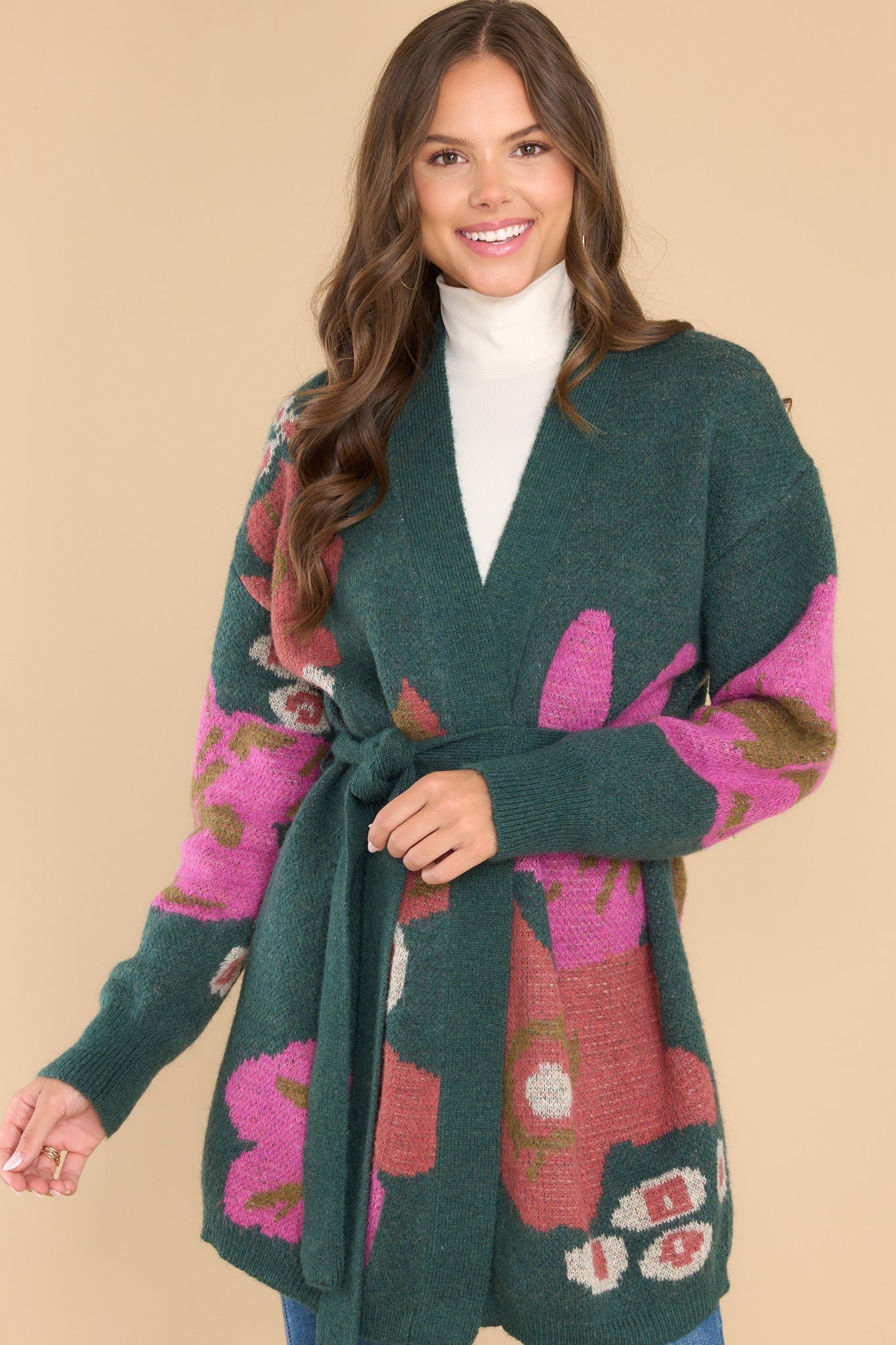 Cozy Hunter Green Abstract Floral Cardigan - All Tops | Red Dress