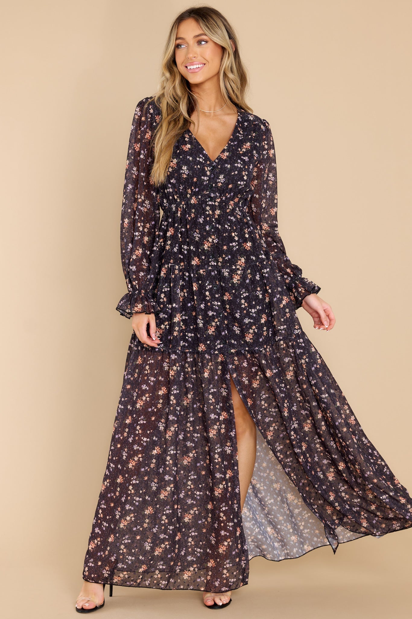 Share Your Story Black Floral Print Maxi Dress - Red Dress