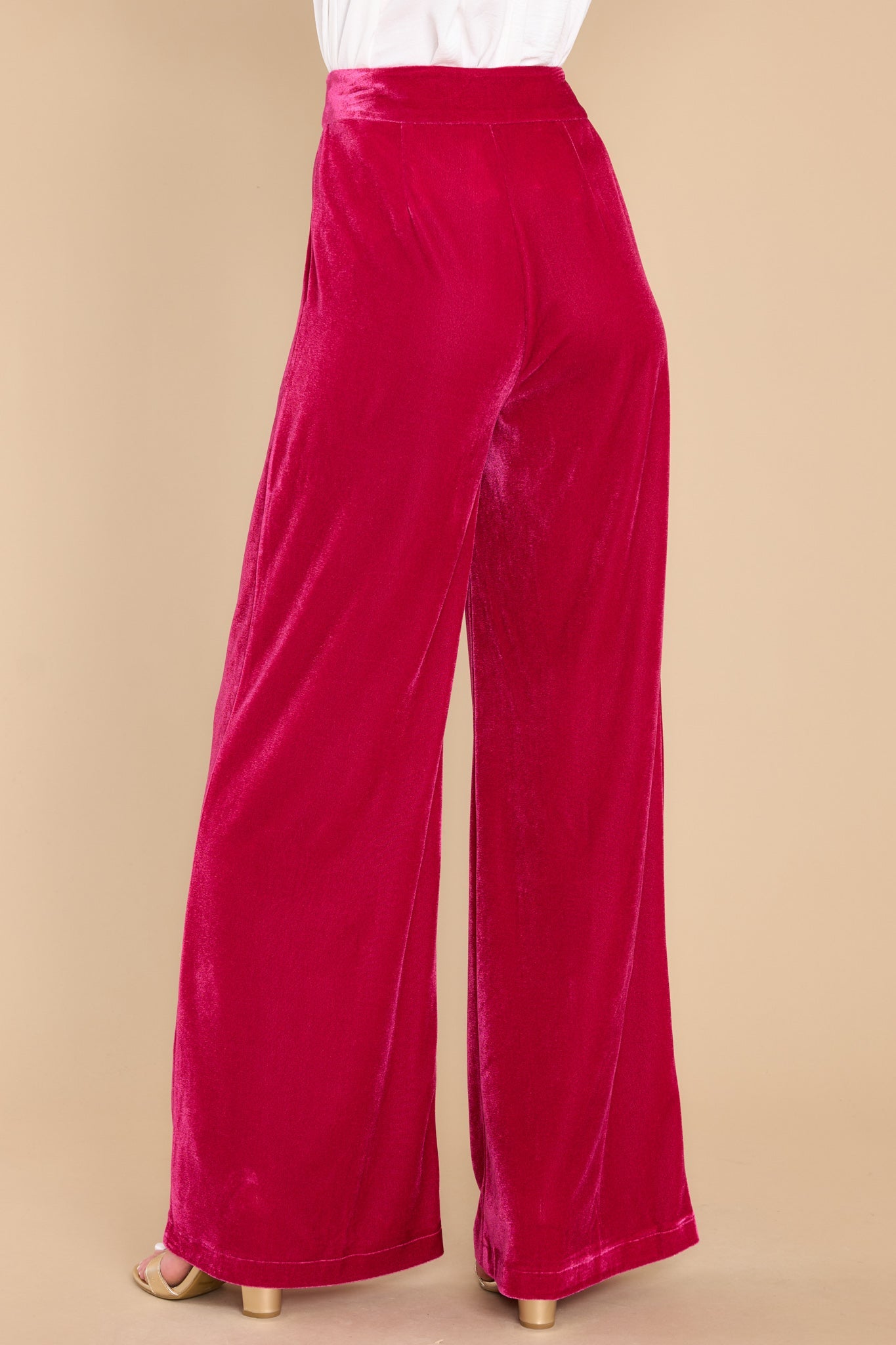 Back view of these pants that feature a high waist velvet-like material, two functional waist pockets, and a back zipper hook and eye closure.